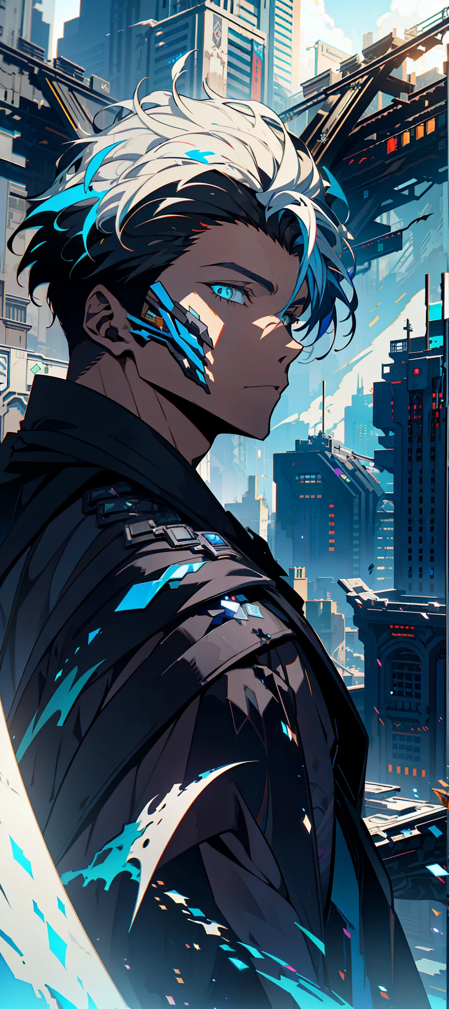 Cyberpunk male, fantasy world, dark background, clean design, epic instagram, artstation, colorful paint splatter, silhouette, hyper detailed intricate details, unreal engine, fantasy, intricate details, splash screen, complementary colors, Fantasy concept art, 8k resolution, deviantart masterpiece, oil painting, heavy strokes, paint dripping, (isolated on white background: 1.3), rainbow skin, (((handsome young man))), ((teenage:1.5) ), (glowing blue eyes), ((light eyes)), ((((short white hair: 1.1))), ((black clothes)), (prince\\(indifferent expression\\),, ( ((Wears high detail luxurious black robe))), white hair, frost magic, ((chest) --v 6