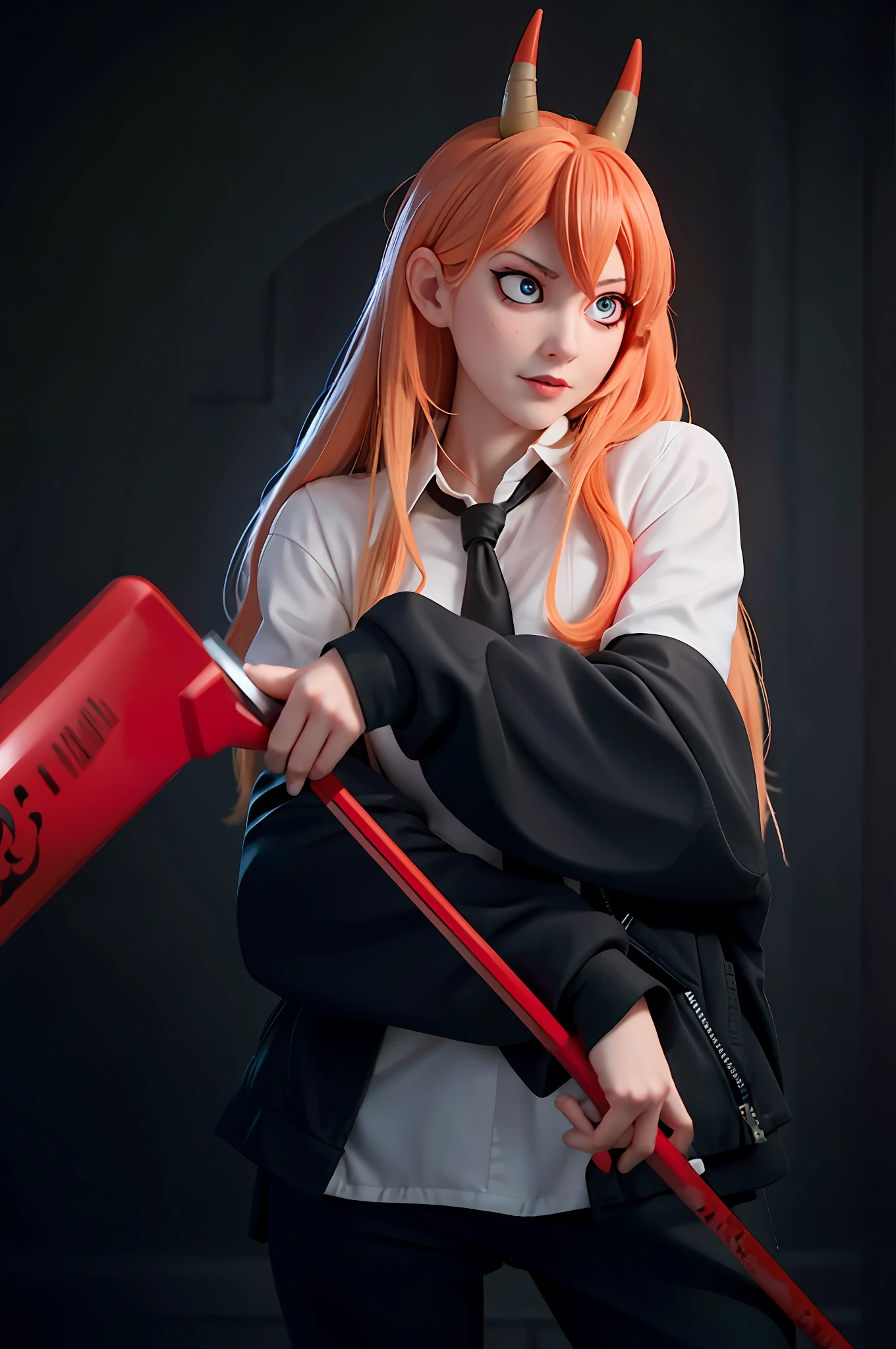 The power of Chainsaw Man, Blood Genie, Blonde girl in black and white shirt with red cauldron, Junko Enoshima, Nominal Style 3/4, Cosplay, portrait of Asuka Langley Solieu, ((red horn)), red eyes, beautiful eyes, suspicious eyes, mischievous child, holding a cauldron of the Grim Reaper, contrast, red steam, eye light, drawn in detail, profound feeling,