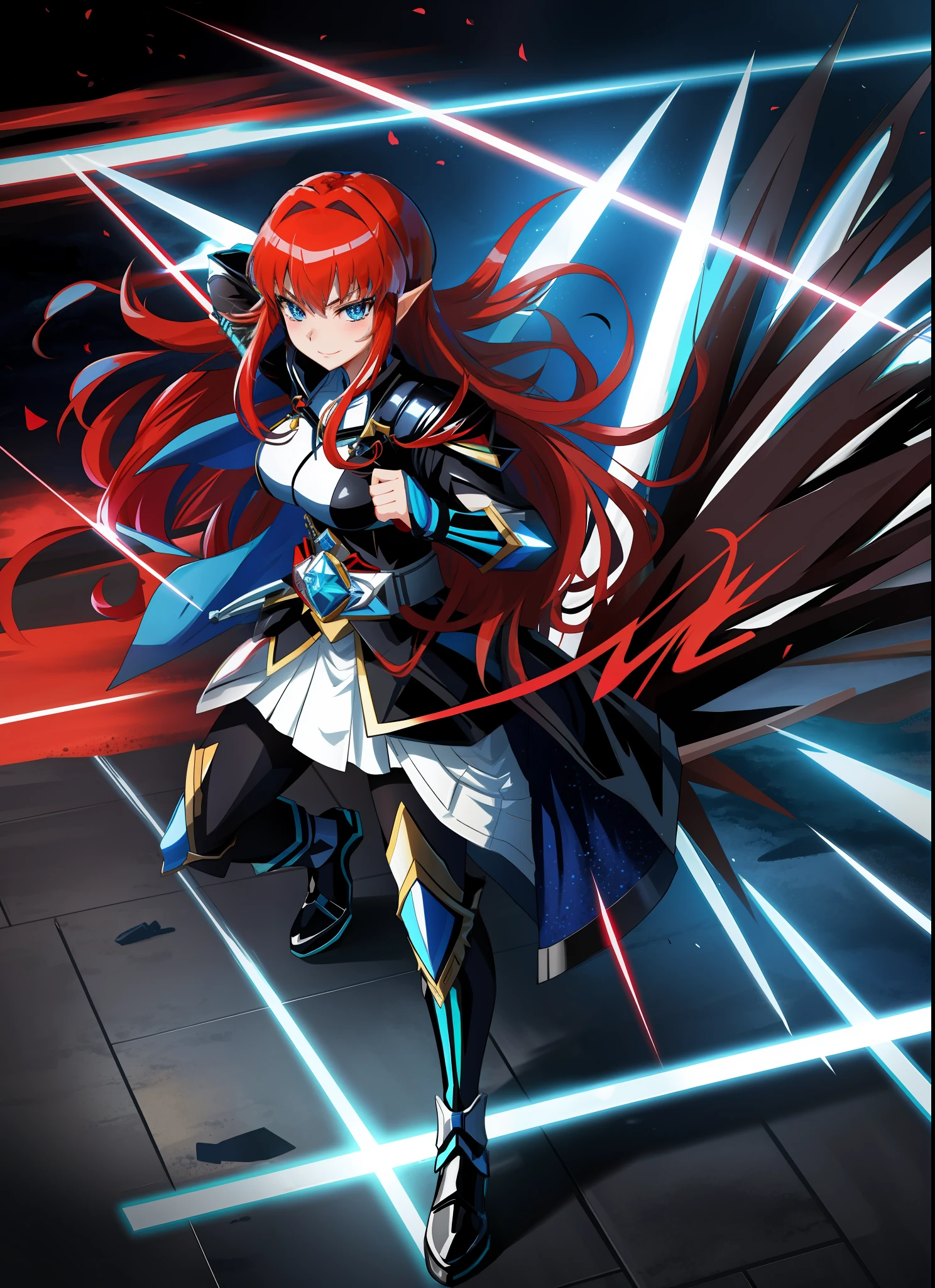 Full Body, 1 Princess Zelda black suit with blue as Kamen Rider/Futurist, giant breasts, suit extremely tight on body, staring at the viewer, facing forward, kamen rider kingstone belt with a red circle with spinning lights, ((she has blue eyes, red hair)), (Kamen Rider helmet), closed hands, fists up, she is on a battlefield with several fallen monster bodies on the ground, she is in battle position., seductive smile, Kamen Rider Style, Tokusatsu Style, anime, anime style, 16k, UHD, high details, high quality, award winning, highres, masterpiece, ccurate