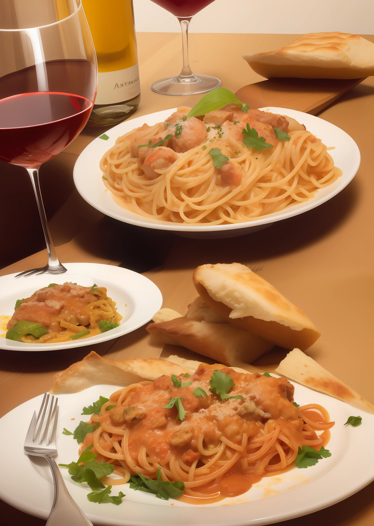 fine dining, italian, pasta, photoreal, wine