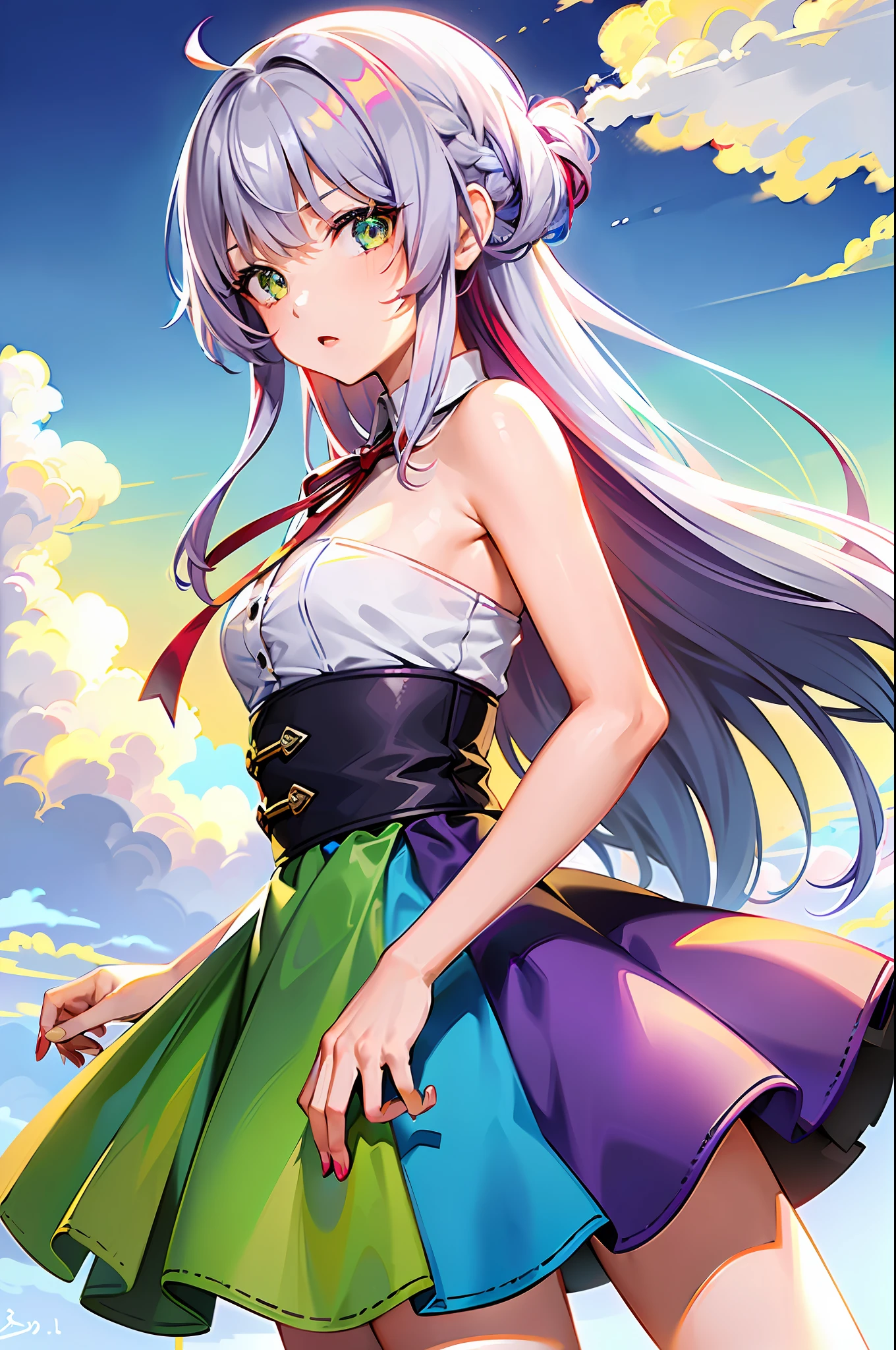 1.5),(1 girl),(dynamic pose),(multicolored hair+silver hair:1.3+red hair:1.2+purple hair+yellow hair:1.3+green hair:1.3),(blue eyes),(neck ribbon),(floating),(cloud),(too many drops of water),(twilight),(watercolor),(wide shot)
