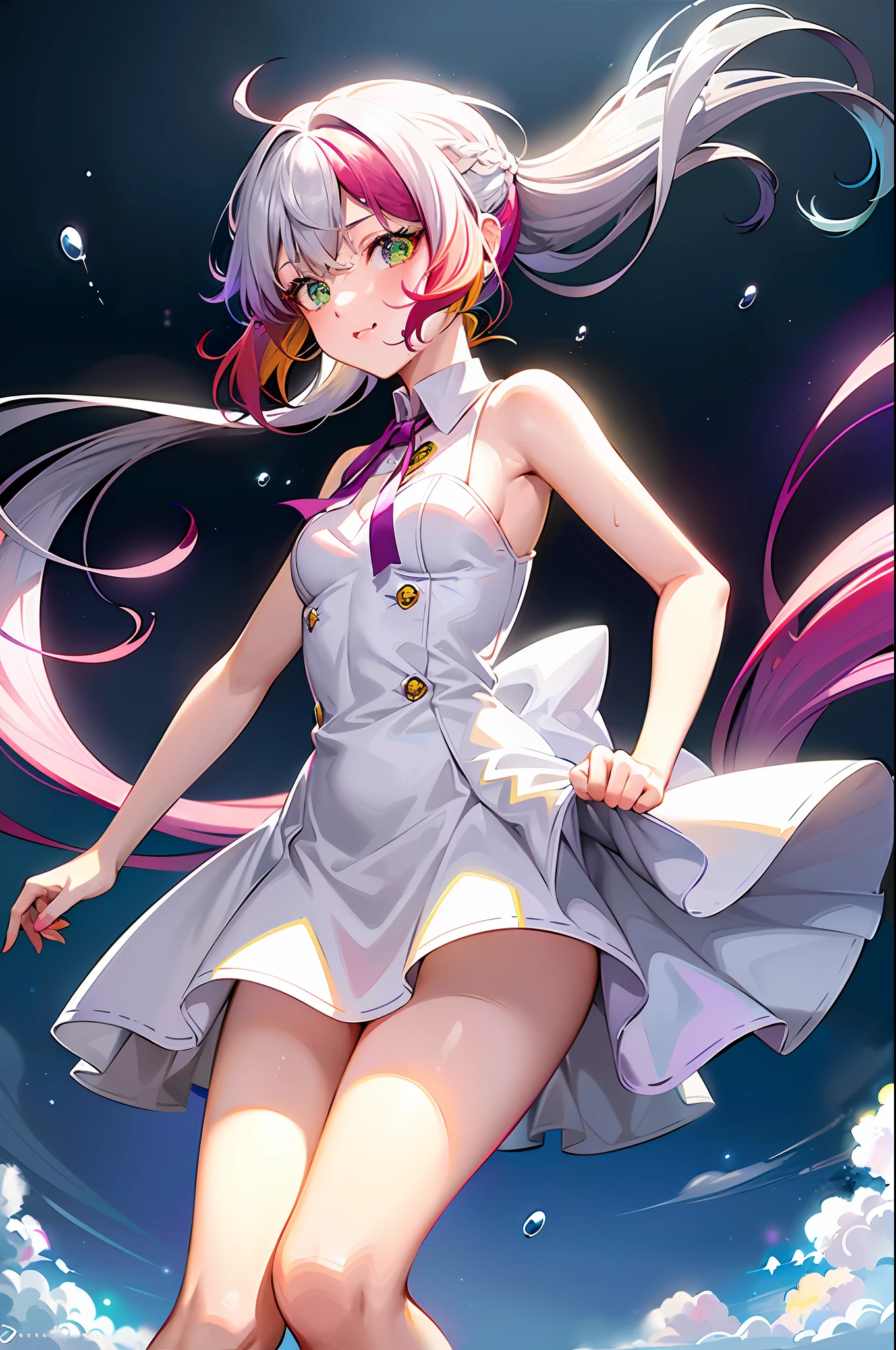 1.5),(1 girl),(dynamic pose),(multicolored hair+silver hair:1.3+red hair:1.2+purple hair+yellow hair:1.3+green hair:1.3),(blue eyes),(neck ribbon),(floating),(cloud),(too many drops of water),(twilight),(watercolor),(wide shot)
