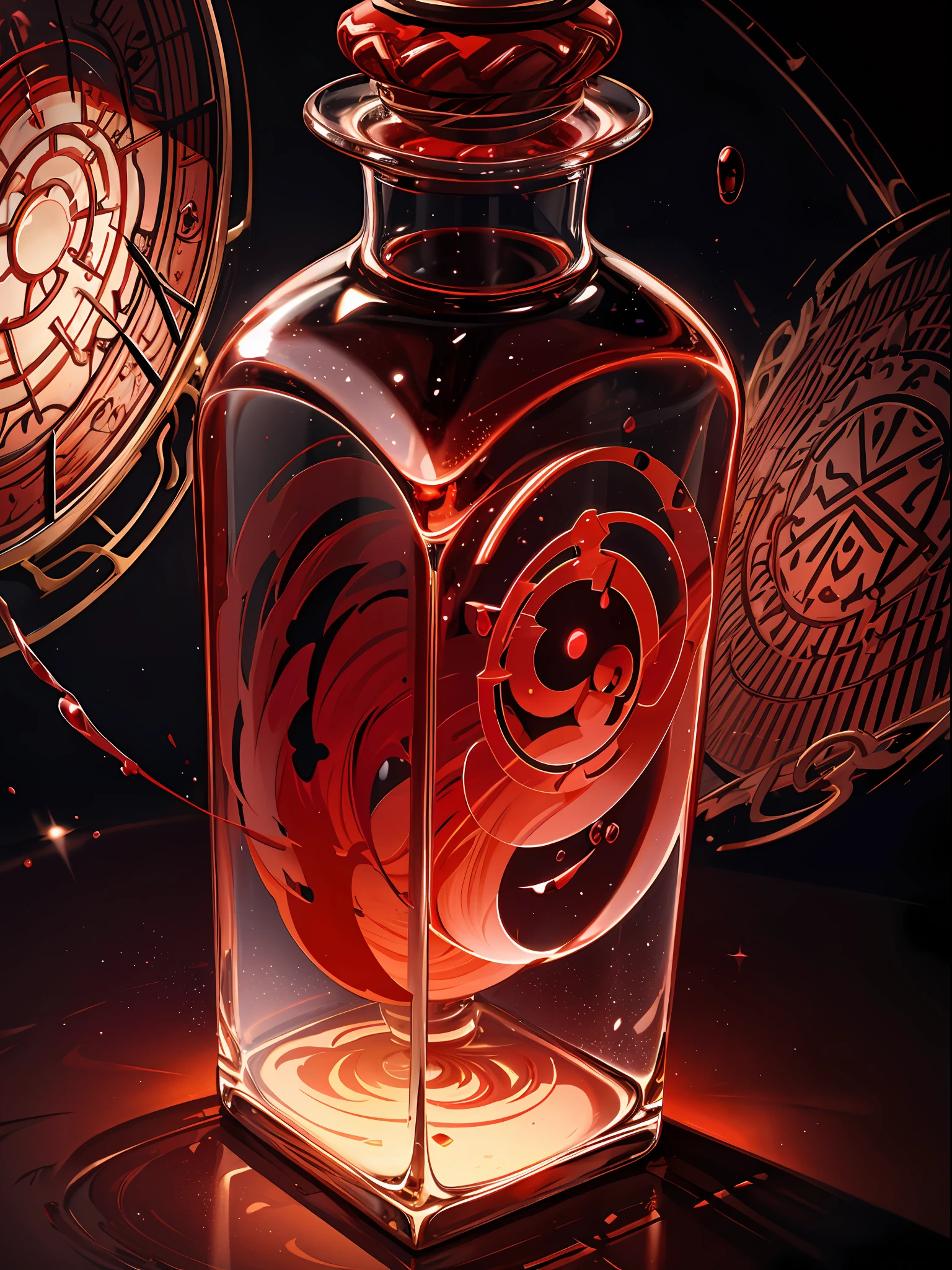 Red Glass Bottle, Potion, Magic Potion, Wonderful Particles, (Glowing Red Liquid), Centered, (best quality:1.1), (masterpiece:1.2), high quality shadow, beautiful detailed, depth of field, dramatic light, best quality, highres, best shadow, best illumination, anime --v 6