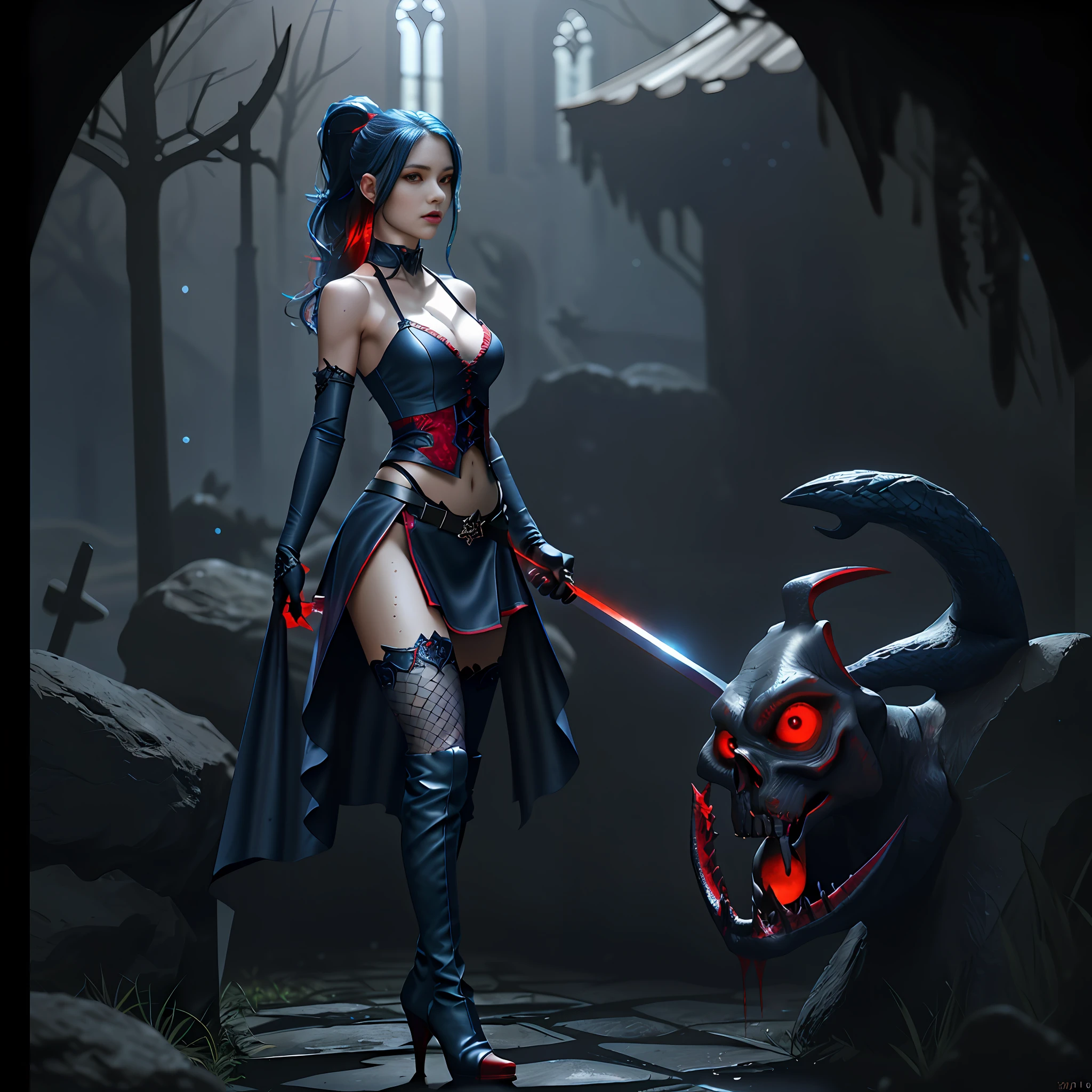 Perfect waist cut, Large breasts, Warrior girl with a small short sword on hand, Skimpy organza clothes ,dark blue hair with red highlights, (perfect nose), Seductive gaze, dark blue boots on high heels with red highlights, (Best Illustration), 8k Resolution, Intricate Details, Best Quality, Realistic, Ultra Detailed, Best Lighting, Best Shadows, Ultra HD, A Necromancer style, Night, Magic, Dark Style, Vampire, (shining red eyes:1.6), masterpiece, high_res, Beautiful face, tyndall effect, photo realistic, (high detailed skin:1.2), 8k uhd, dslr, high quality, Photograph, high resolution, 4k, 8k, Bokeh, absurdres, ponytail contorted, best ratio four finger and one thumb, front view, dark blue hair gorgeous, perfect proportional skinny fitness body, full body view, wet skin, wet clothes, dark cathedral baground scenery, huge bobs, belly muscle, long fit perfect legs, fishnet dark red Stockings