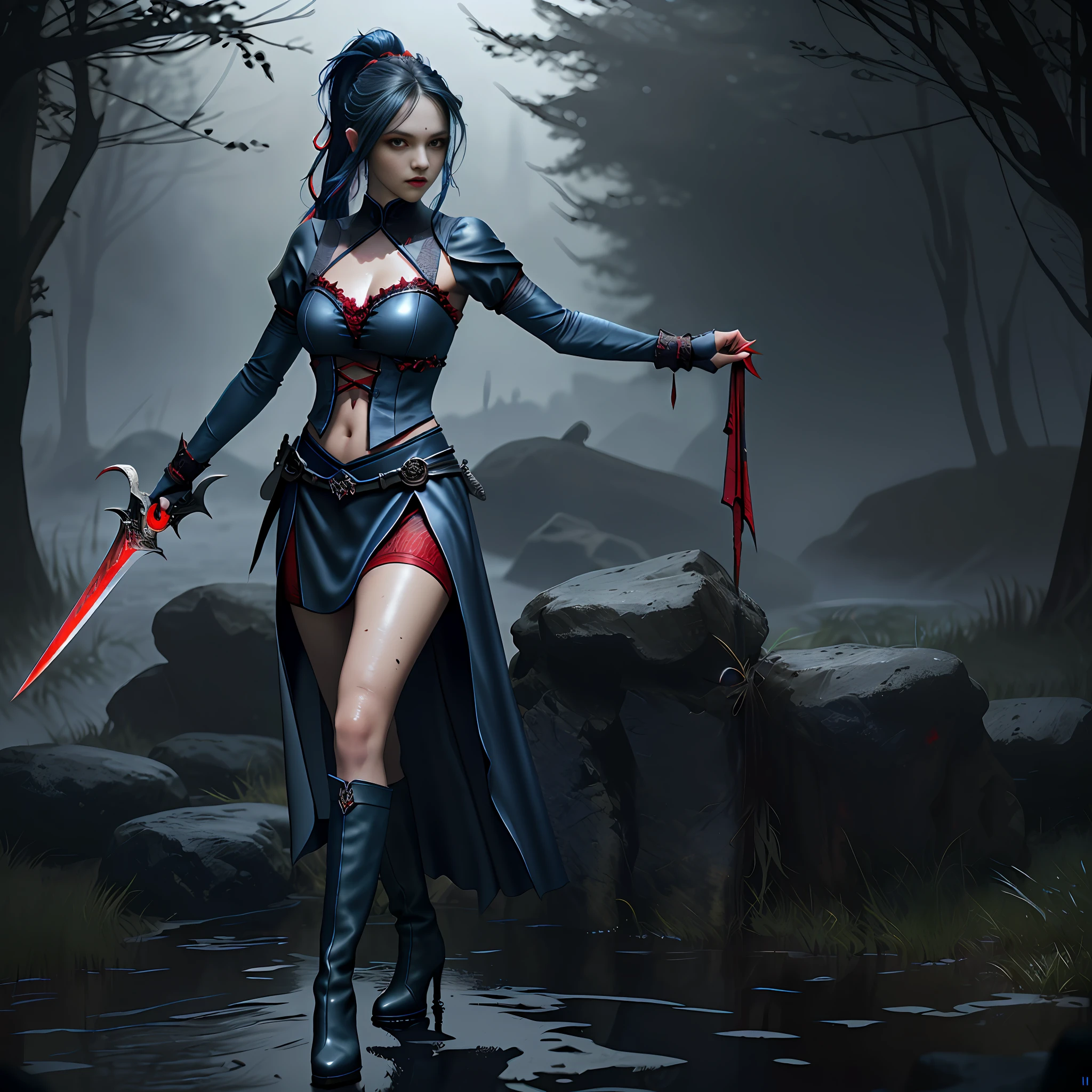Perfect waist cut, Large breasts, Warrior girl with a small short sword on hand, Skimpy organza clothes ,dark blue hair with red highlights, (perfect nose), Seductive gaze, dark blue boots on high heels with red highlights, (Best Illustration), 8k Resolution, Intricate Details, Best Quality, Realistic, Ultra Detailed, Best Lighting, Best Shadows, Ultra HD, A Necromancer style, Night, Magic, Dark Style, Vampire, (shining red eyes:1.6), masterpiece, high_res, Beautiful face, tyndall effect, photo realistic, (high detailed skin:1.2), 8k uhd, dslr, high quality, Photograph, high resolution, 4k, 8k, Bokeh, absurdres, ponytail contorted, best ratio four finger and one thumb, front view, dark blue hair gorgeous, perfect proportional skinny fitness body, full body view, wet skin, wet clothes, dark cathedral baground scenery, huge bobs, belly muscle, long fit perfect legs, fishnet dark red Stockings