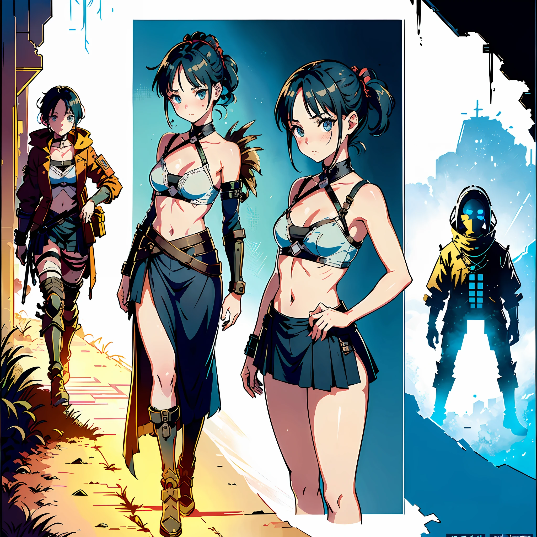 (((8K,2K))),(masterpiece))), (((best quality))), ((ultra-detailed)), ((highly detailed CG illustration)), ((extremely delicate and beautiful face)),(masked ), cinematic light, absurd clothing, 1girl, (character sheet)), concept art, ((full-length)), (masterpiece:1.2), (best quality:1.3), (single background, white background: 1.3),(CHARACTERS OF THE POST-APOCALYPTIC WASTELAND WORLD)))), (( Characters WANDERERS RAIDERS)), ( MAD MAX concepts))))), (( beautiful face)), (( quality face) ), (((beautiful anime eyes of characters))) , ( high-quality anime eyes of characters), ((high-quality anime pupils)), (((beautiful anime pupils)), (( beautiful shape of anime eyes)) , (( beautiful shape of anime pupils)), (( all faces with anime eyes)), ((( simple anime eyes of characters)))) ( bare skirt))) (( without panties)) , pose for the concept of the character, (((( post-apocalyptic wastelands)))), crossout frenzied, bright hair, very torn clothes, ((( extremely embarrassed face))), ((( excited face))) ,((((character of the post-apocalypse world))) , (((sheet - pkrchonage))), ((( detailed development of the concept of the character))) , (page design)) , (different emotions))