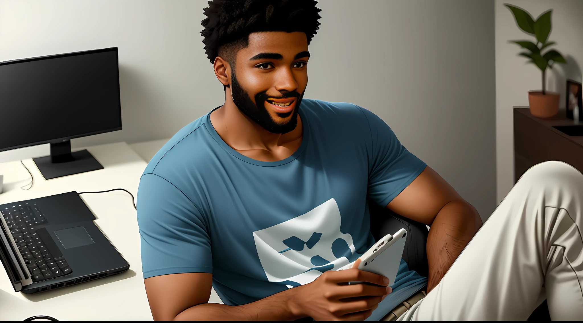 The young black man alone in the room has short hair and a short, well-groomed beard. He has light brown eyes that glow when he's excited telling his stories on the computer. The skin on your face is smooth. He's sitting in a comfortable chair in front of a computer, his expression focused as he types and speaks. He seems relaxed and happy while sharing interesting and funny stories with his friends online. He is wearing a casual and comfortable shirt, and is sitting in a modern and minimalist environment, with a décor that reflects his personality. High quality image
