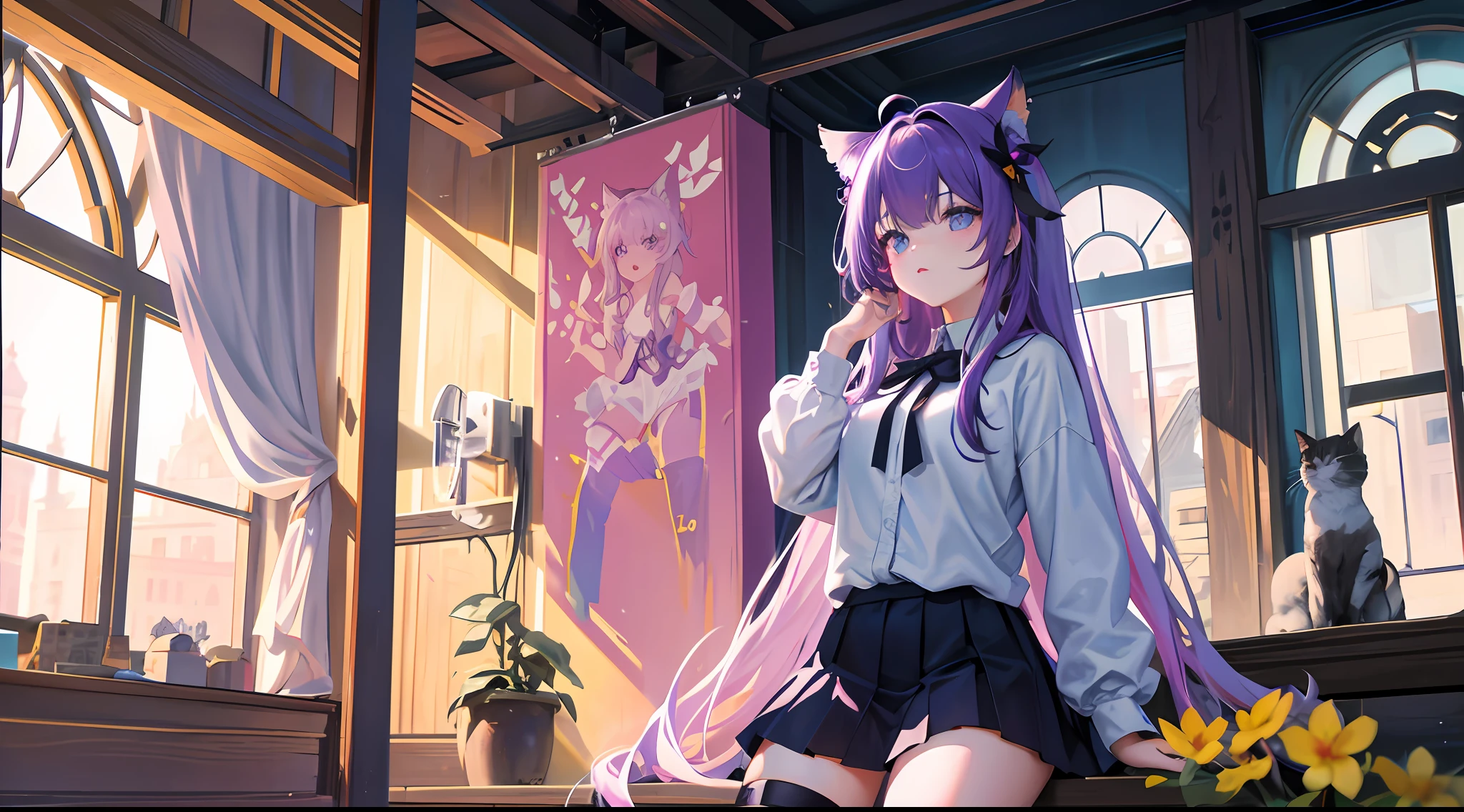 Beautiful girl, standing painting wall, cute room, several cans of paint, paint stains on face, bright earrings, violet hair, extremely long hair, hair ornaments, violet flowers, yellow flowers, blue flowers, cat ears, cute cat tail, shiny sneakers, sitting in a cute way, gray and red hood, thick leg, skirt, pink lips, shimmering blue eyes, hyper detailed scenery, (masterpiece), best quality, incredibly beautiful, sunlight coming in through the window, dynamic light, intense shadowsstar-shaped pupils, Surrealism, from below, overexposure, motion blur, cinematic lighting, depth of field, reflection light, god rays, 8k, super detail, UHD, masterpiece, super detail, high quality, best quality, highres, 1080P