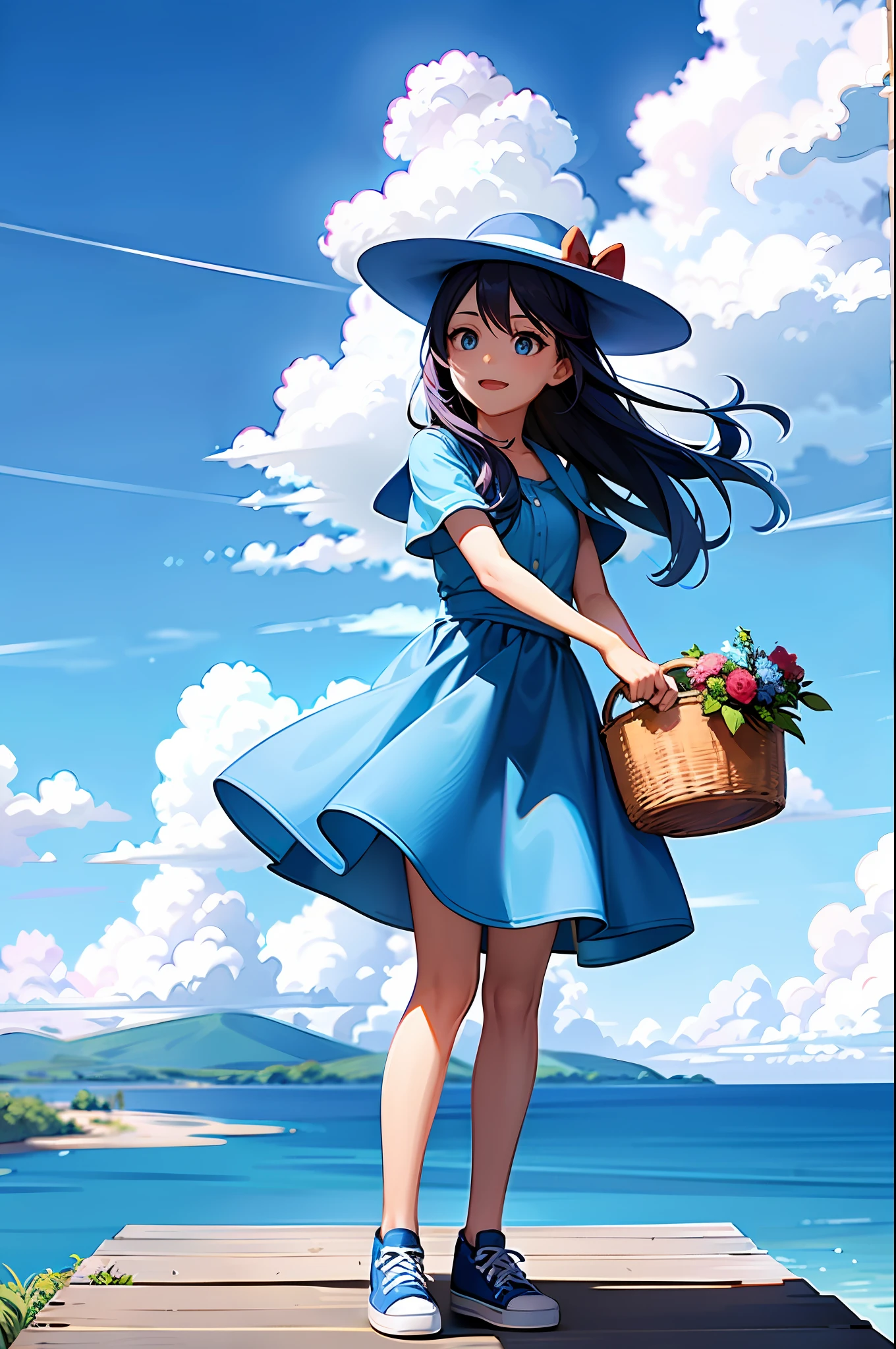 (blue hat:1, girl:1) standing in front of a beautiful landscape with a wide and clear blue sky, looking happy and vibrant in the picture, with a colorful summer dress and white sneakers, holding a big red balloon in one hand and a basket of flowers in the other.