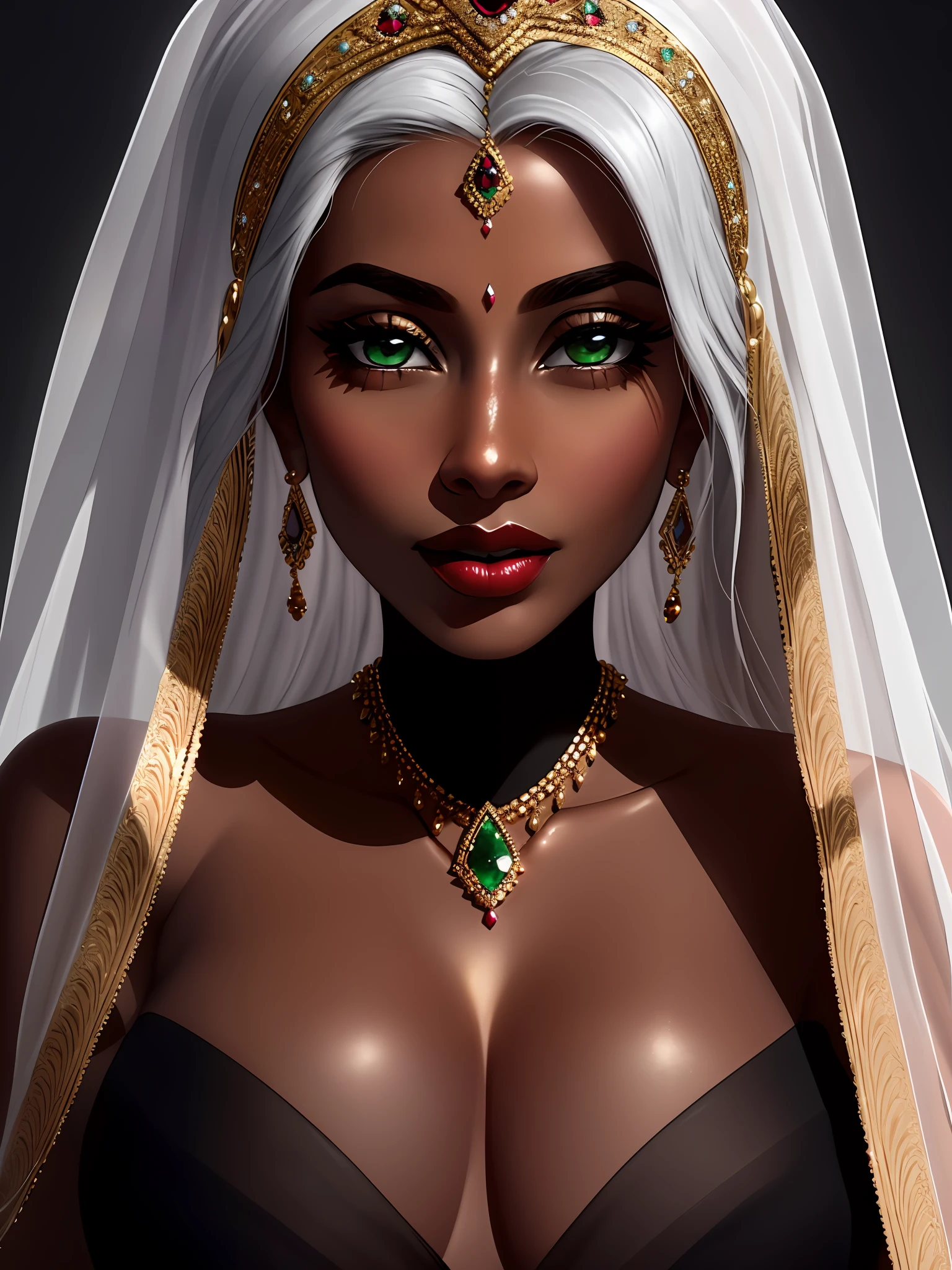 Thepit Bimbo, Thepit Style, shiny sexy bimbo, (((huge breasts))), (((Beautiful Indian woman, mature woman, black skin, royal palace, Arab palace))), long straight black hair, high cheekbones, sculpted face, perfect silicone tits, ((big red lips)), stunning negligee bright blue embroidered transparent silk, sexy, mysterious smile, seductive smile, masterpiece, high quality, 4K, beautiful design, extremely detailed, amazing, fine detail, absurd, highly detailed woman, extremely detailed eyes and face, by Lee Jeffries, dark studio, edge lighting, two-tone lighting, dimly lit, discreet, (((very dark))), stunning mature Indian woman with long black hair with a bright blue silk negligee and sapphire studded necklace, intricate tiara studded with emeralds and diamonds, with expensive jewelry, (large necklace: 1.25) silvery white stick, green eyes, white hair