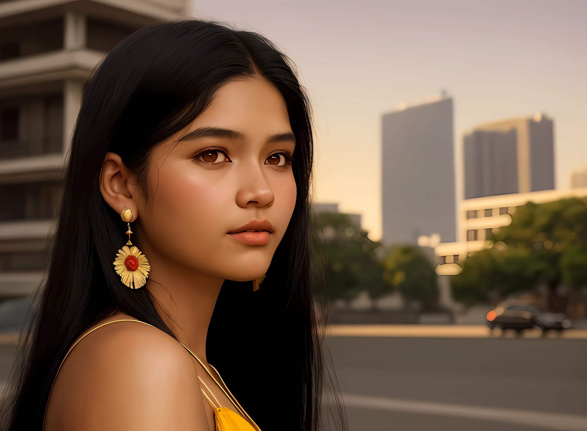 Turn the image into a portrait of a beautiful woman, 17 years old. tanned skin, filled lips, cabocla, long black hair, straight at the height of the back, fringe of Amazonian India, western eyes, honey color, earrings, red brazilian dress, long straight black hair, round face,  fluffy turned, ((big cheeks)), realistic, masterpiece, high quality, brightness, looking into the camera, shadow, flower, [[chromatic aberration]], by Jeremy Lipking, by Antonio J. Manzanedo, digital painting, Brazilian, 8k uhd, buildings in background, shadows, contrast, clear sky, style , (warm hue, warm tone)