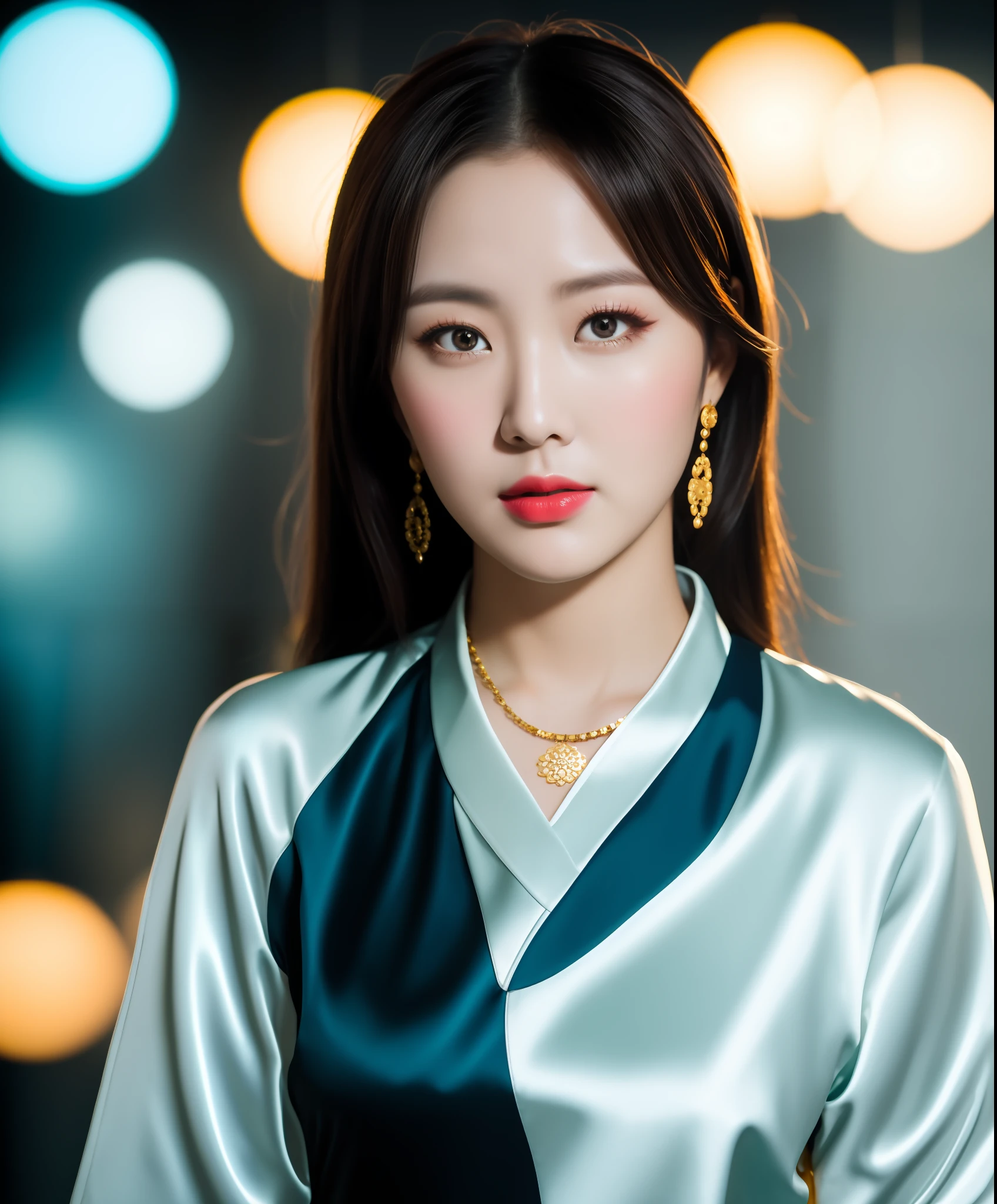 Best Quality, Masterpiece, Hi-Res, One Girl, Cheongsam, Headwear, Necklace, Jewelry, Beautiful Face, upon_body, Tyndall Effect, Photorealistic, Dark Studio, Rim Lighting, Two-Tone Lighting, (High Definition Skin: 1.2), 8k uhd, dslr, soft lighting, high quality, volumetric lighting, candid, photography, high resolution, 4k, 8k, bokeh,