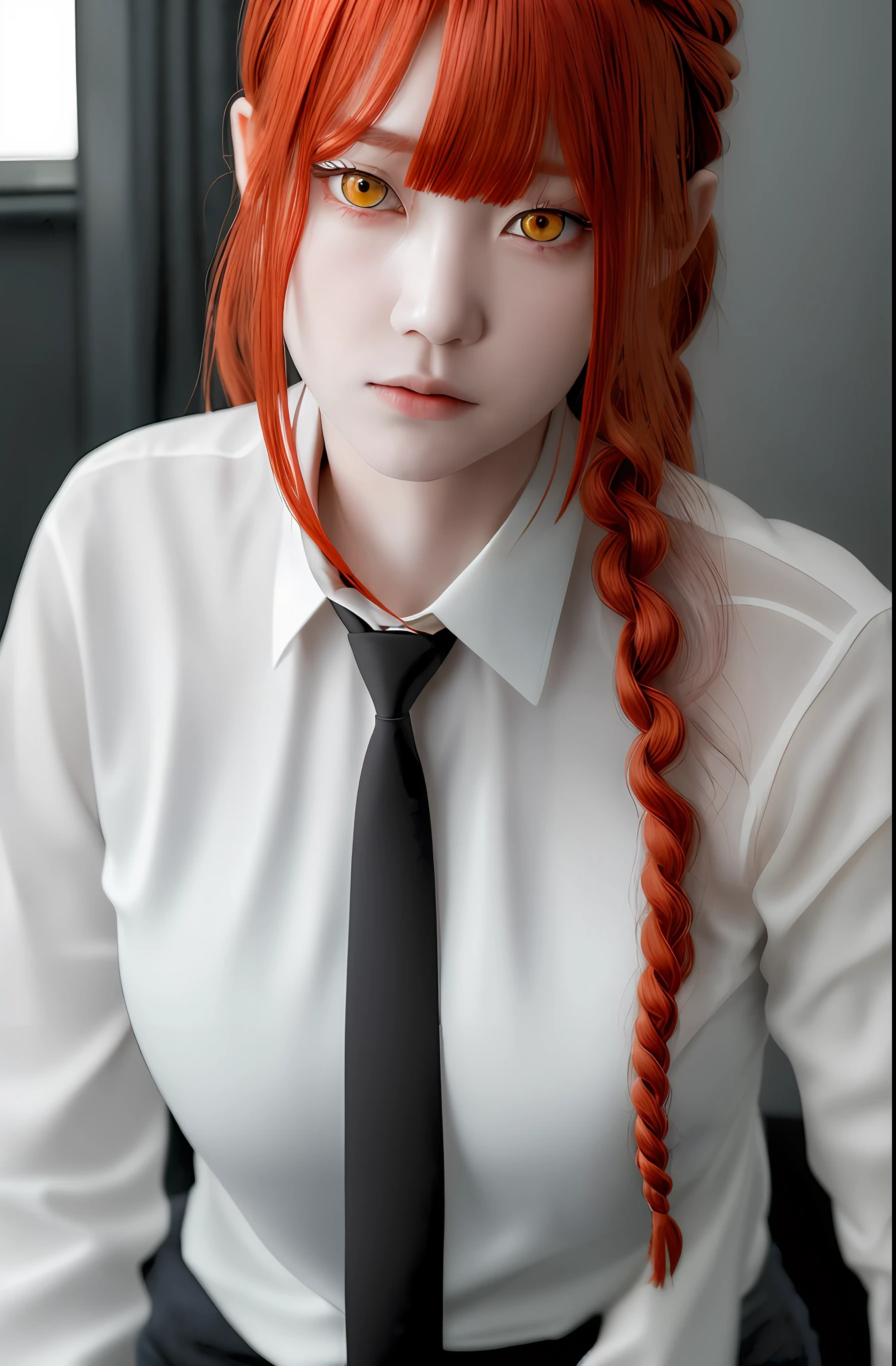 masterpiece, (photorealistic:1.4), best quality, beautiful lighting,
(ulzzang-6500:0.5), makima \(chainsaw man\), (red hair)+(long braided hair)+(bangs), yellow eyes, golden eyes, ((ringed eyes)), (white shirt), (necktie),
RAW photo, 8k uhd, film grain