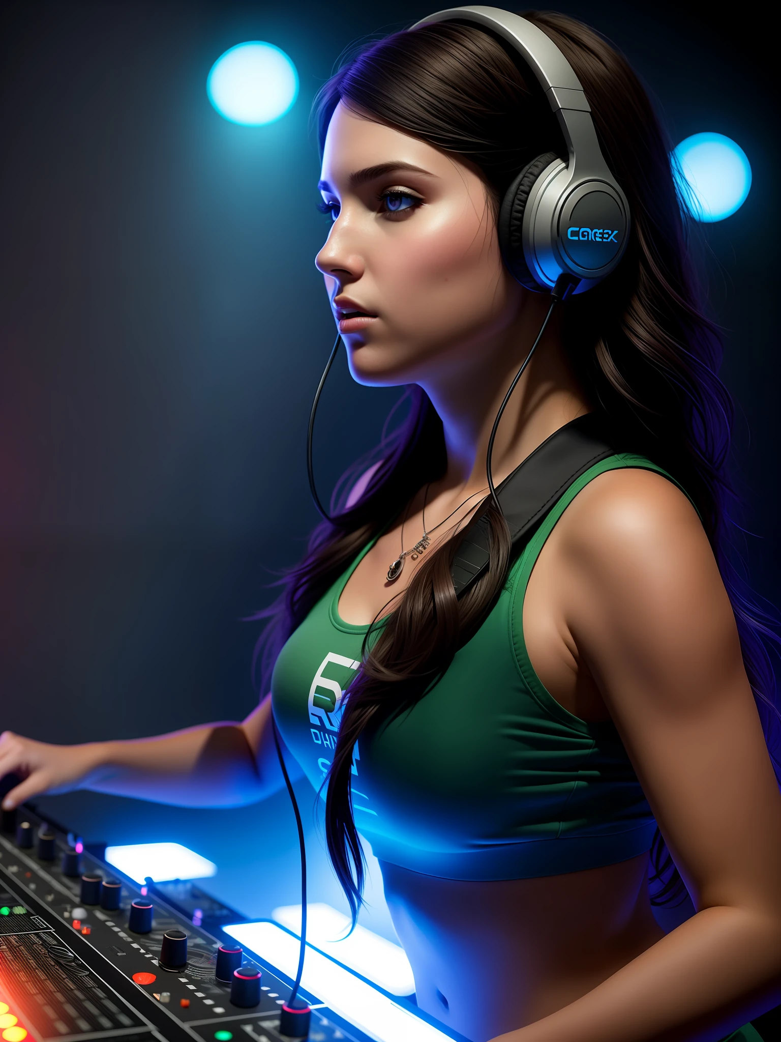 ssdarts a female dj with headphones, performing live on stage, sweaty skin,dark athmosphere, Hyper-Realistic, Hyper-Detailed, best quality masterpiece, photorealistic, detailed, sharp focus, 8k, HDR, shallow depth of field, broad light, high contrast, backlighting, bloom, chromatic aberration, sharp focus,Artgerm, Greg Rutkowski, 35mm