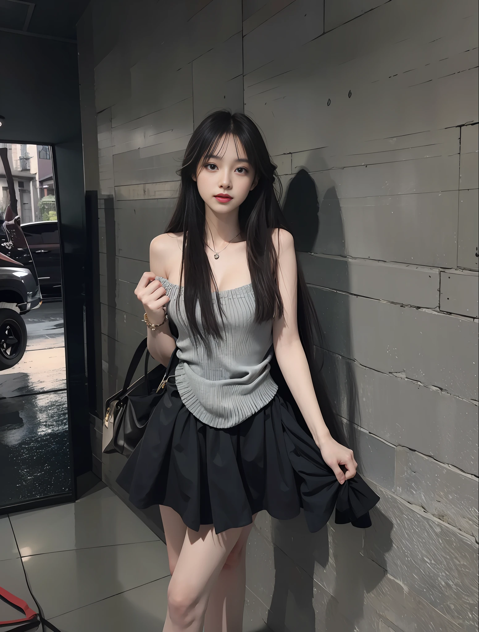 young girl, long hair realistic, vivid image, masterpiece, (best quality: 1.2), hyper detail, realistic, hd, high quality, cinematic light, ray tracing, ultra high resolution, uhd, (ultra lifelike: 1.5,), complex detail, detailed texture, fine detail, high quality shadows, beautiful skirt, full body, standing, panties walking, sexy pose, seductive pose, thin hips, long legs, small chest.
