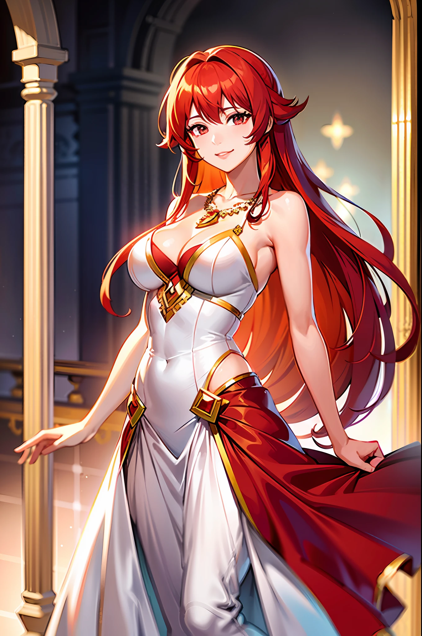 (best quality) (woman with bronze skin:1.2 OR fair complexion:0.8) (CG unity 8k wallpaper) (with a soft and subtle smile on her lips) (flowing hair afloat in the air) (striking an elegant pose) (with red hair that catches the light beautifully:1.3) (subtly made up with a focus on eyes and lips) (wearing a fine necklace with intricate beading)