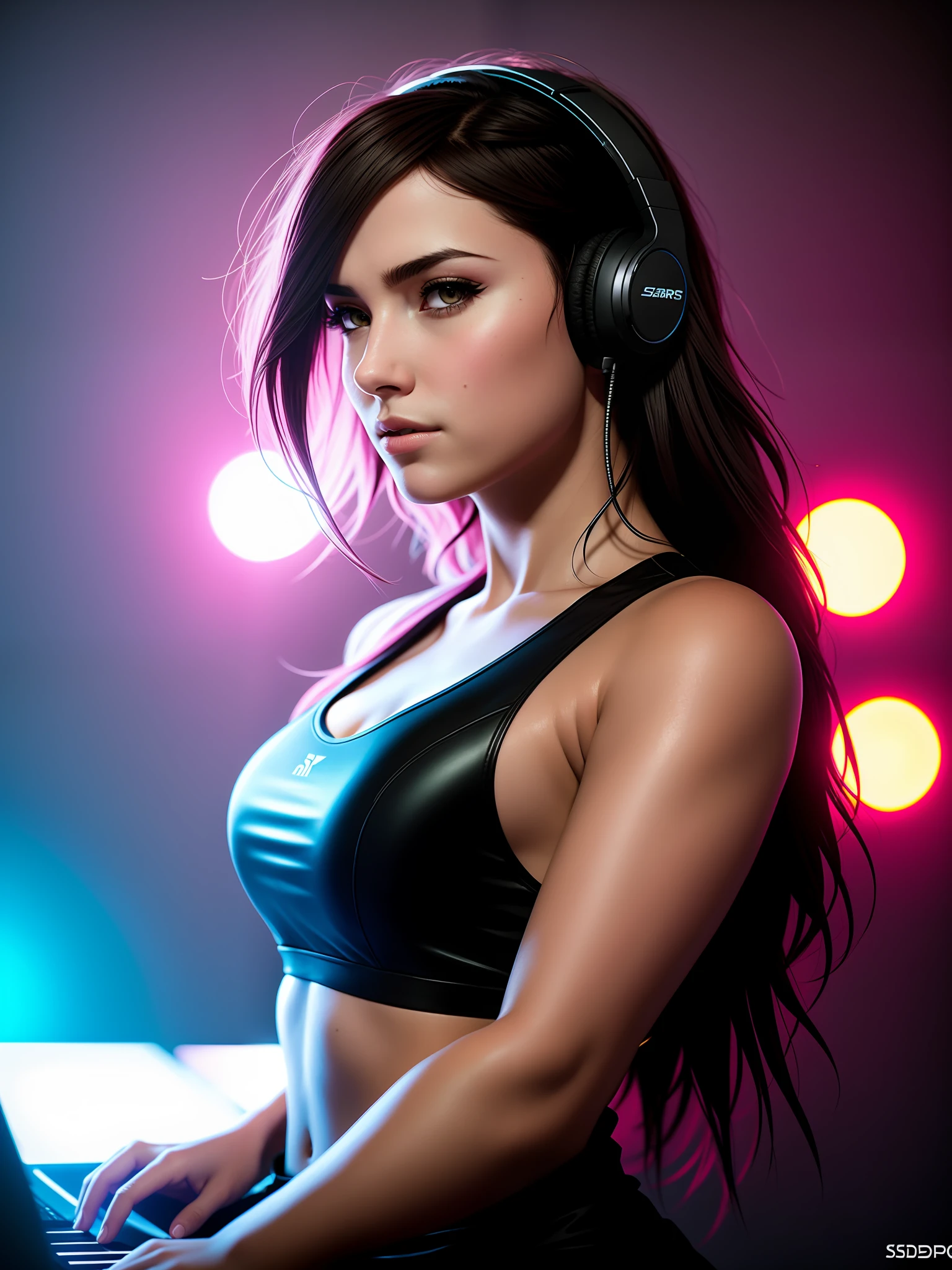 ssdarts a female dj with headphones, performing live on stage, sweaty body, glistening skin, wet hair, dynamic performance, dark athmosphere, Hyper-Realistic, Hyper-Detailed, best quality masterpiece, photorealistic, detailed, sharp focus, 8k, HDR, shallow depth of field, broad light, high contrast, backlighting, bloom, chromatic aberration, sharp focus,Artgerm, Greg Rutkowski, 35mm