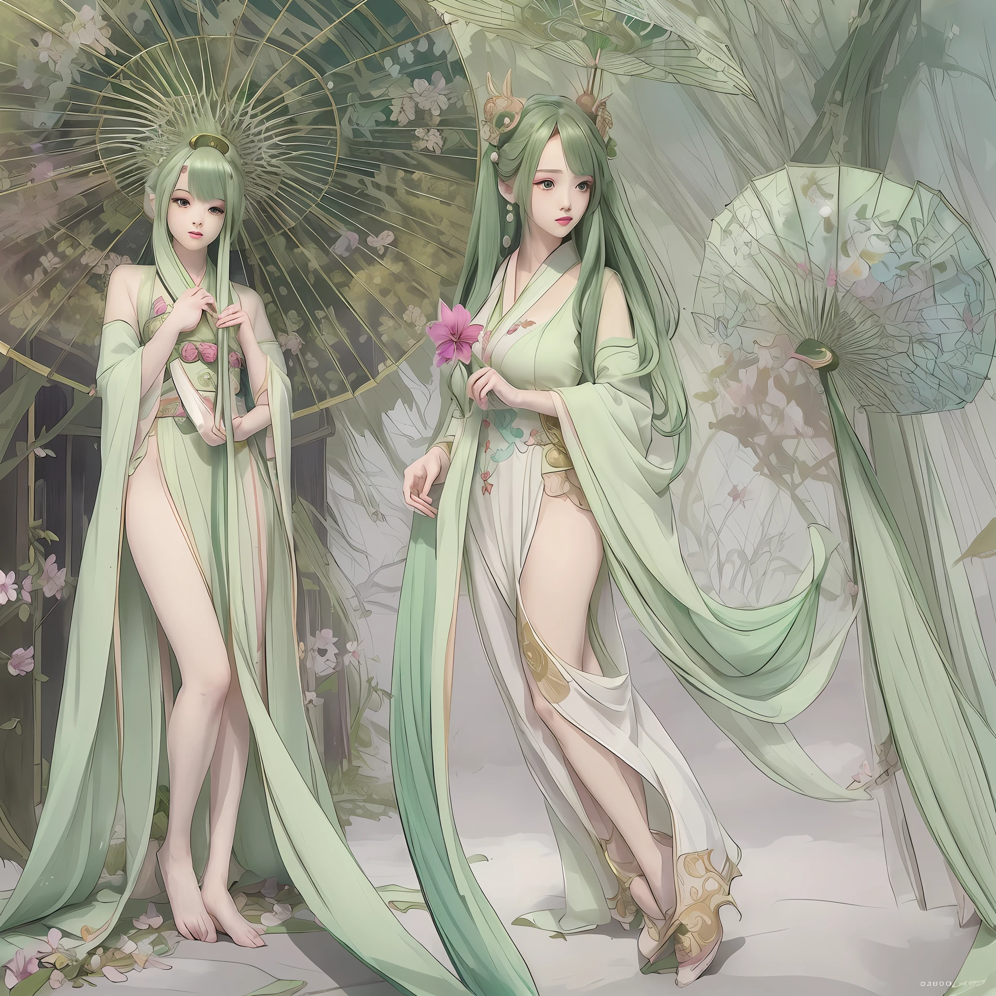 Anime girl wearing green nude part with flowers and green umbrella, seduction, long-legged beauty, palace, hanfu girl, beautiful anime artwork, (((beautiful fantasy queen)), official artwork, beautiful artwork illustration, beautiful fantasy queen, beautiful anime art, goddess of spring, pixiv, korean art nouveau style anime, pixiv contest winner, japanese traditional concept art, official art