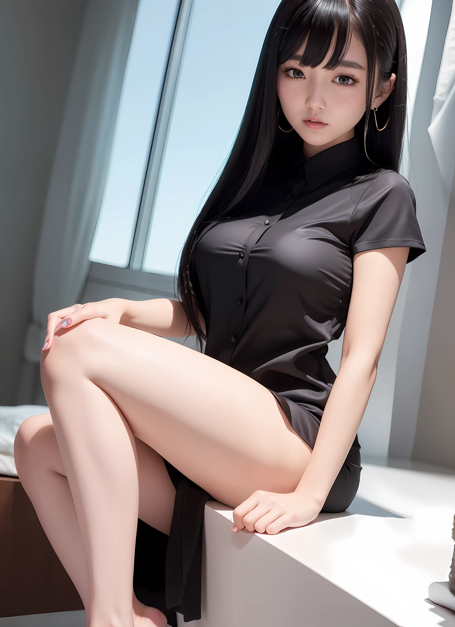 ((Li Yitong)), 8K, Best Quality, Masterpiece, 1.2x Weighted), 10000 cute, indo, beautiful girls, super details, sky and café details, night date, sitting (red nose), big breasts, Sweet smile (smile 1.15), deep beautiful eyes, (1.1x weighted collar shirt), short black dress, black silk stockings, white shirt, professional skirt, long flowing hair, NovaFrog style, full nude, underwear, rain, bangs, high school student, gray background, well-behaved, pure desire