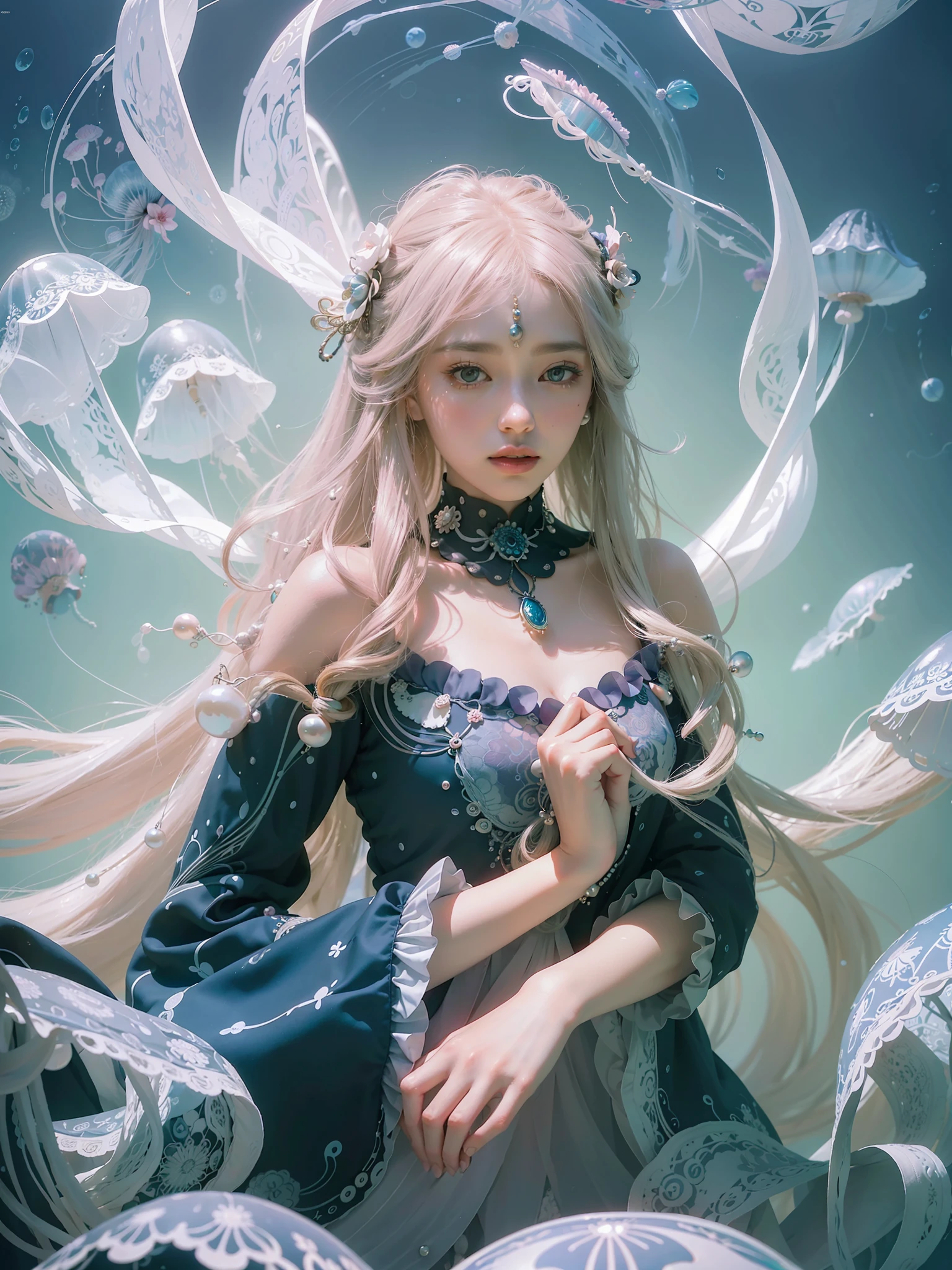 1woman, flowy hair, jellyfish, pearls, official art, unity 8k wallpaper, ultra detailed, beautiful and aesthetic, beautiful, masterpiece, best quality, (zentangle, mandala, tangle, entangle), (ecstasy of flower:1.2) dynamic angle, the most beautiful form of chaos, elegant, a brutalist designed, vivid colours, romanticism, atmospheric