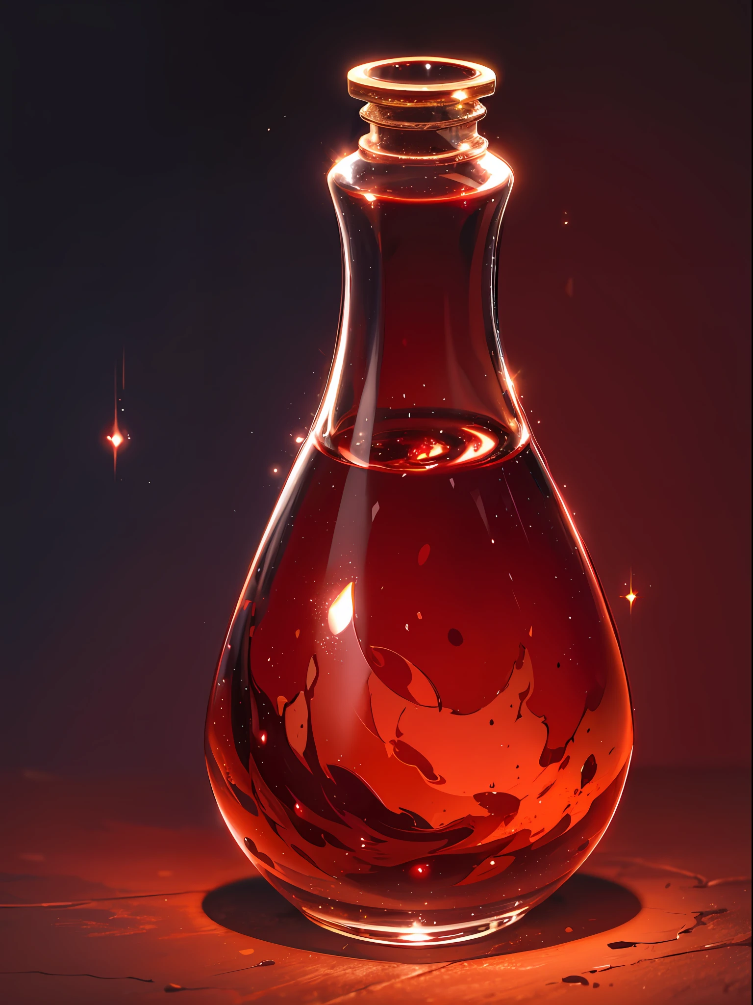 Red Glass Bottle, Potion, Magic Potion, Wonderful Particles, (Glowing Red Liquid), Artifact Jar, Centered, (best quality:1.1), (masterpiece:1.2), high quality shadow, beautiful detailed, depth of field, highres, best shadow, best illumination, anime --v 6