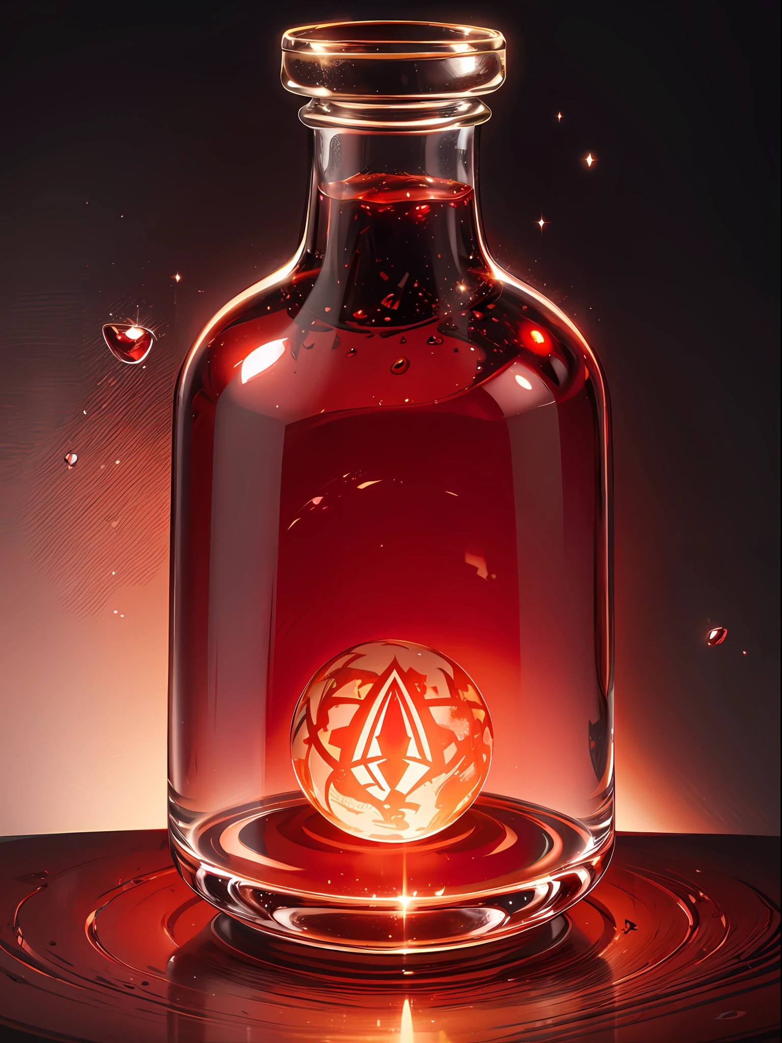 Red Glass Bottle, Potion, Magic Potion, Wonderful Particles, (Glowing Red Liquid), Artifact Jar, Centered, (best quality:1.1), (masterpiece:1.2), high quality shadow, beautiful detailed, depth of field, highres, best shadow, best illumination, anime --v 6