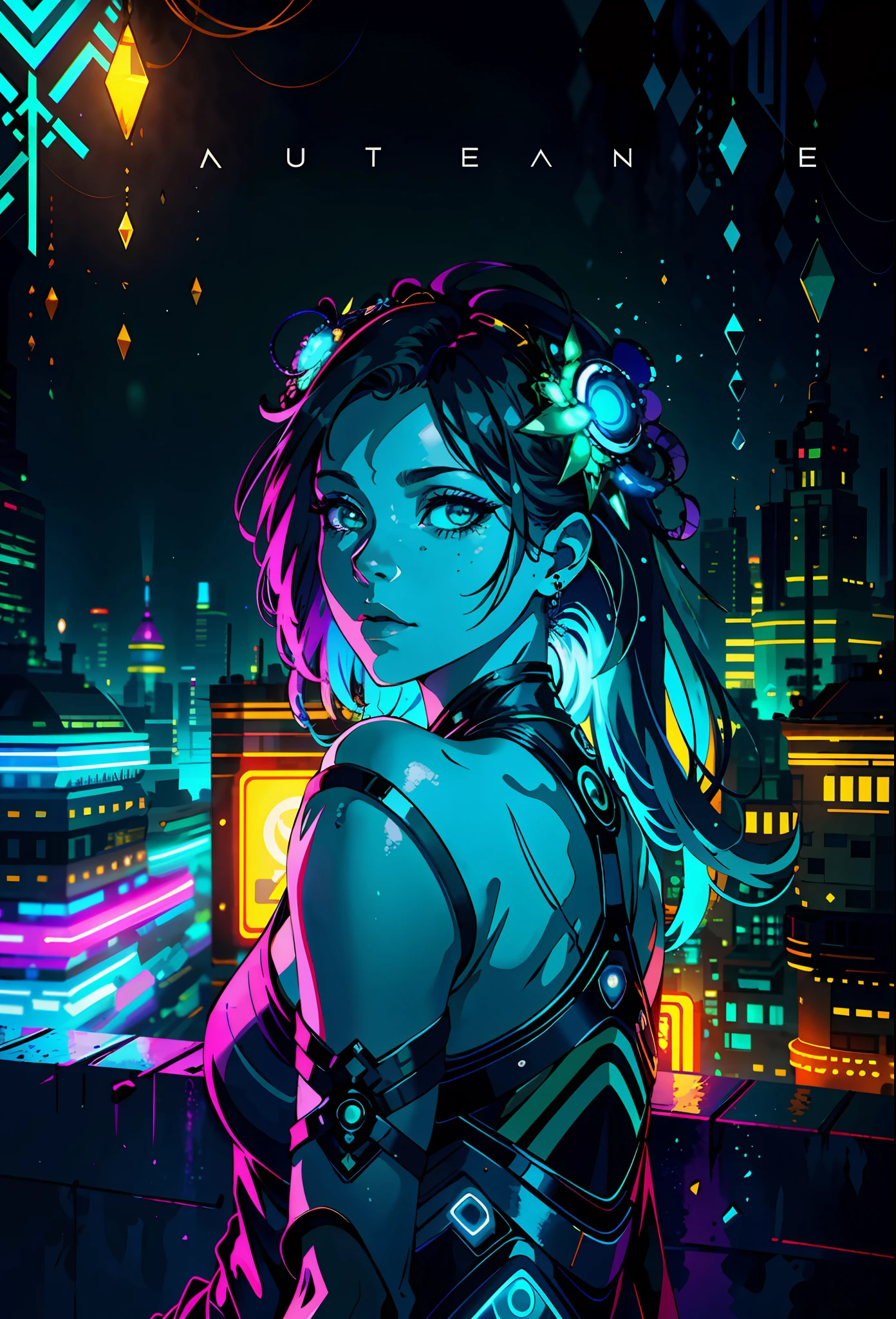 portrait | wide angle shot of eyes off to one side of frame, lucid dream-like woman, looking off in distance ::8 style | daydreampunk with glowing skin and eyes, styled in headdress, beautiful, she is dripping in neon lights, very colorful blue, green, purple, bioluminescent, glowing ::8 background | forest, vivid neon wonderland, particles, blue, green, purple ::7 parameters | rule of thirds, golden ratio, assymetric composition, hyper- maximalist, octane render, photorealism, cinematic realism, unreal engine, 8k