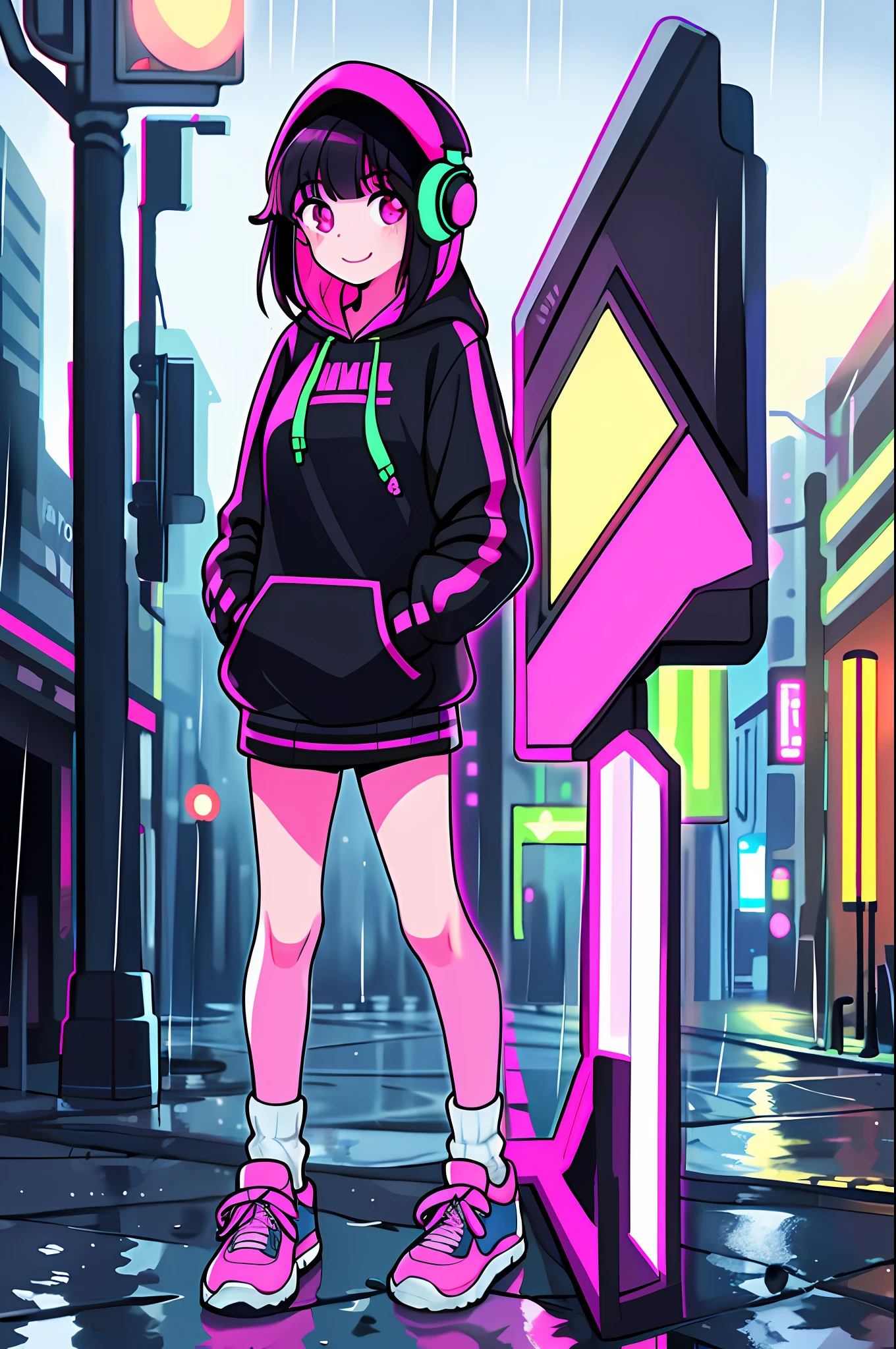 masterpiece,1girl, solo, incredibly absurdres, hoodie, headphones, street, outdoors, rain, neon lights, light smile, hood up, hands in pockets, looking at viewer, (full body), matching socks, matching sneakers, pink and black hair,