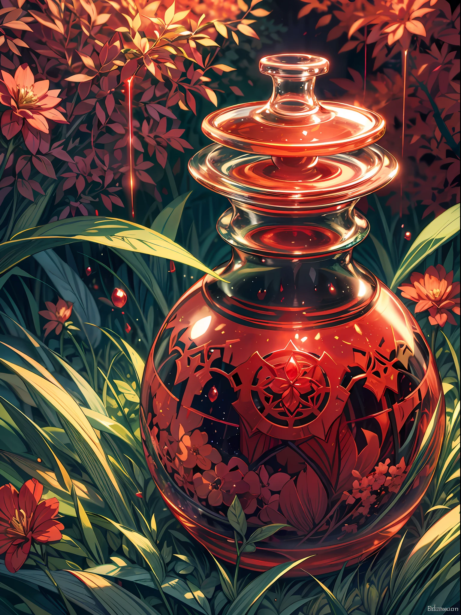 Wallpaper, Fantasy Grass Garden, Red Glass Bottle, Potion, Magic Potion, Wonderful Particles, (Glowing Red Liquid), Artifact Jar, Centered, (best quality:1.1), (masterpiece:1.2), high quality shadow, beautiful detailed, depth of field, highres, best shadow, best illumination, anime --v 6