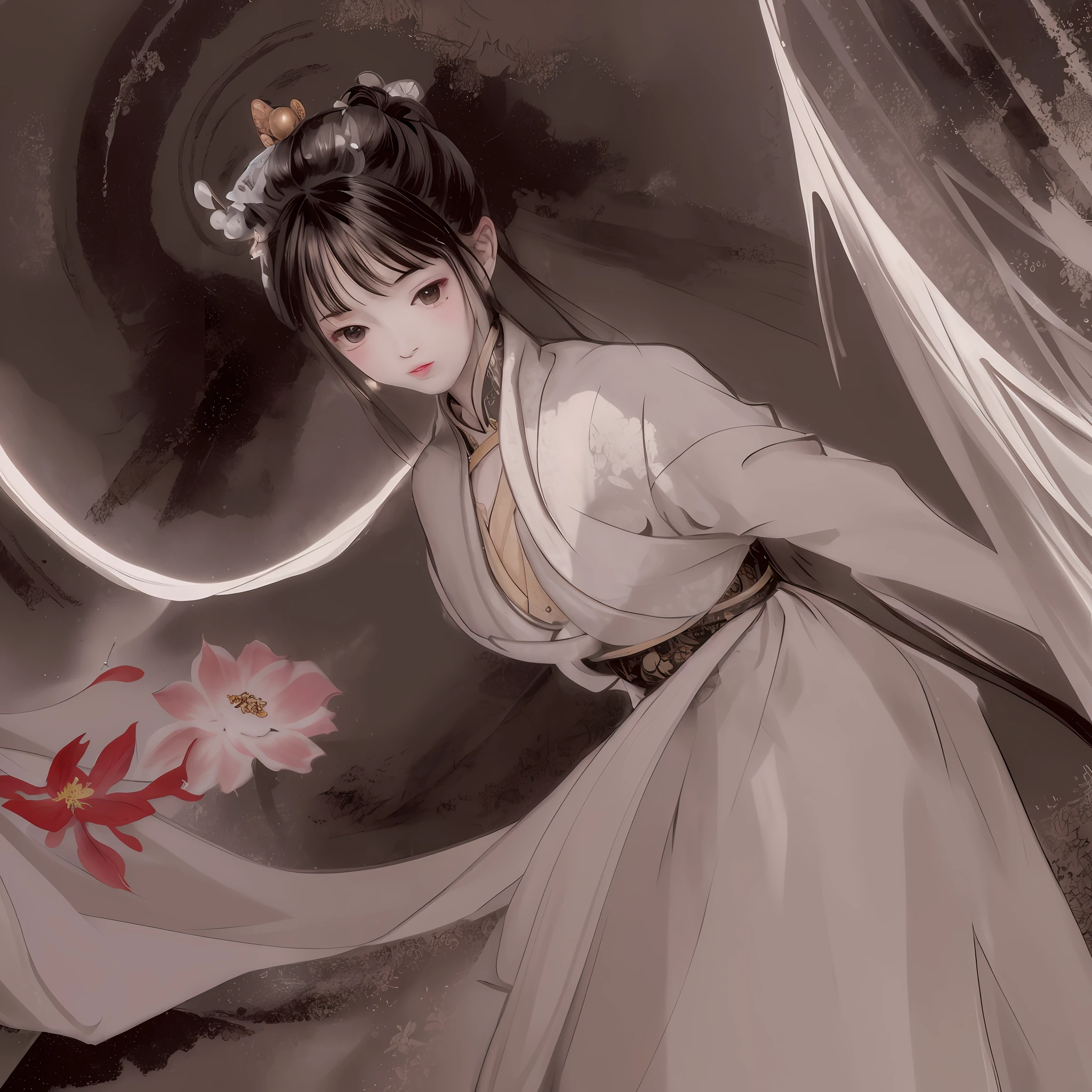 ((4k, masterpiece, top quality, high resolution)), shukezouma, traditional chinese ink painting, lotus, han dress, maxi kit, dress up modestly one beautiful girl, solo, black hair, chinese traditional decoration, beautiful chinese traditional hair ornament, white, fish, lots of fish near the boy, looking at the viewer, teasing, oneshota, beautiful detail background、