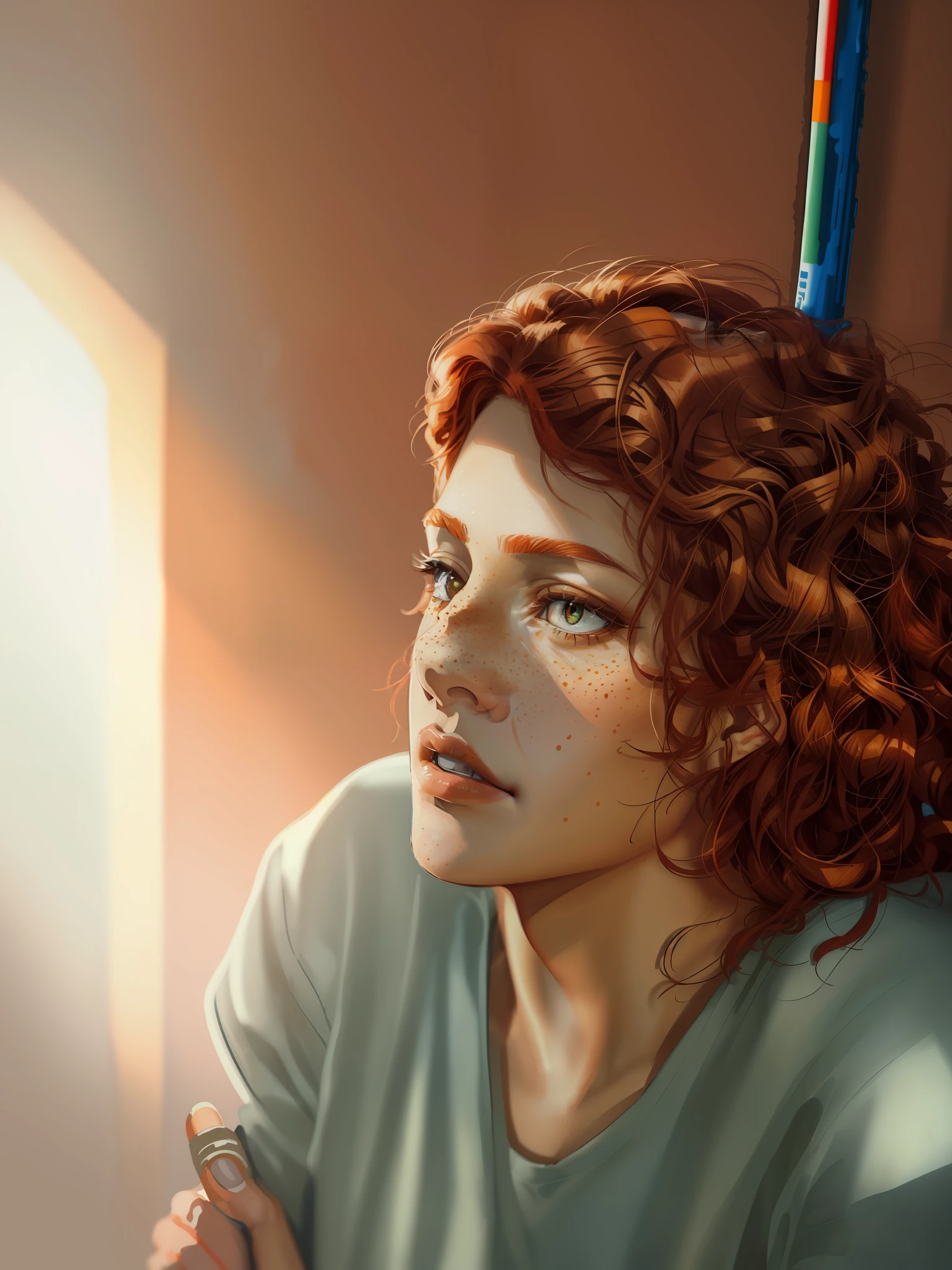 (masterpiece, best quality, ultra-detained), hyper detailed gouache painting of woman curly red hair, light freckles on face, portrait beautiful woman 40 years, looking to the side, paint texture, perfect lighting.