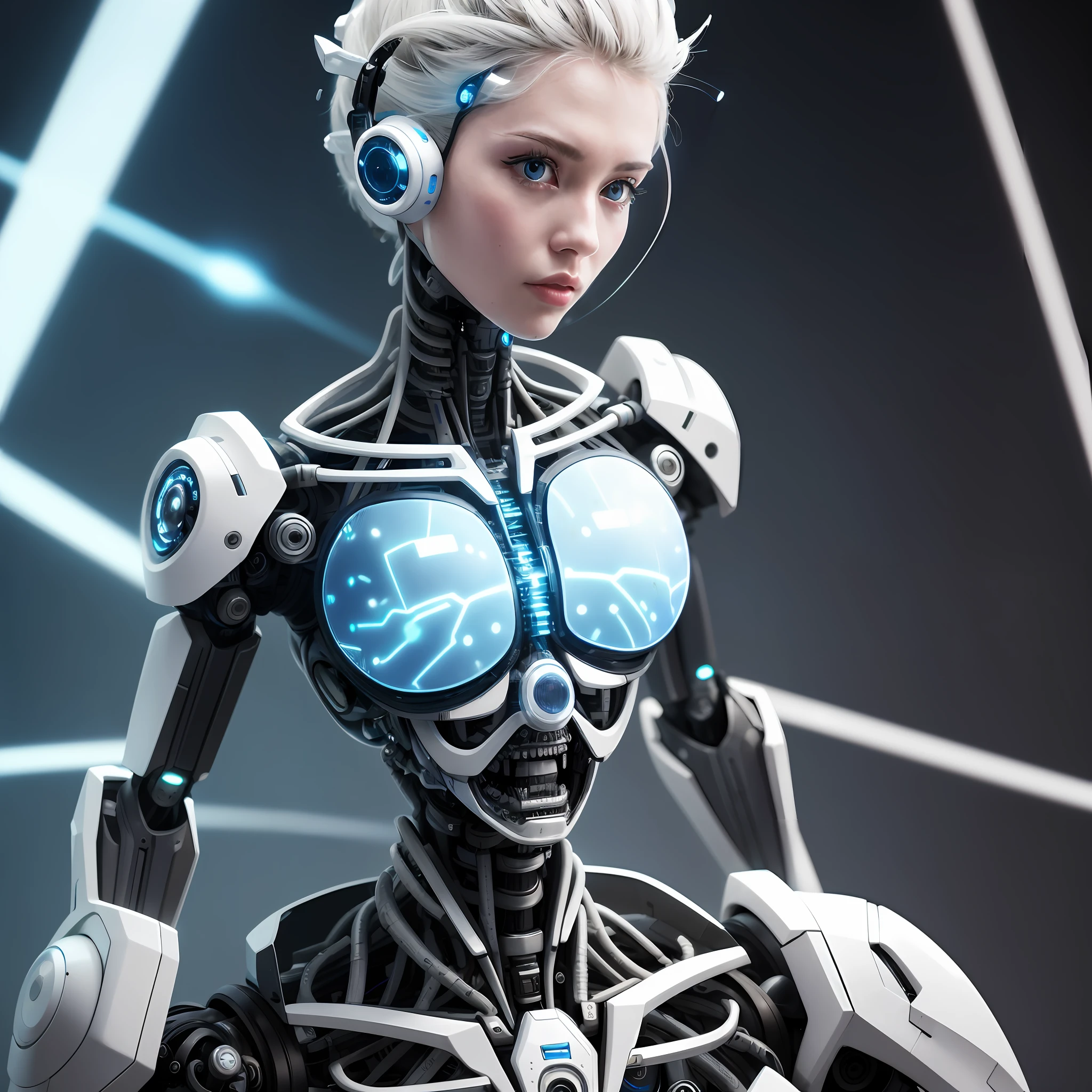 There is a robot with a futuristic body and a blue light, female android sci-fi, beautiful female android, cyborg - girl with silver hair, an image of a cute cyborg, perfect cyborg woman, portrait of an enigmatic sensual cyboyg, beautiful android woman, retrofuturistic female android, beautiful cyborg girl, beautiful cyborg girl, beautiful seductive female cyborg