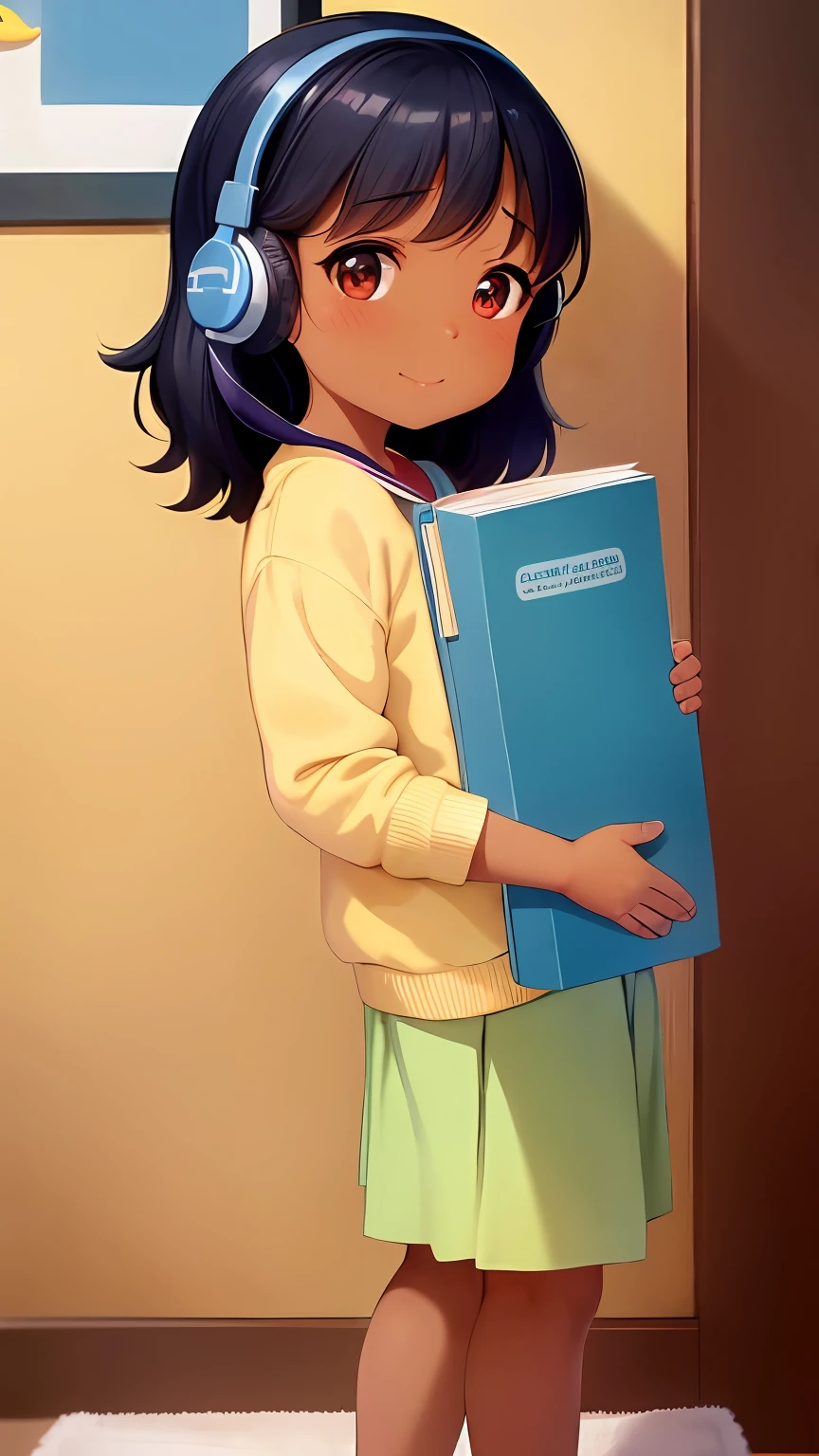 a little girl with headphones standing in front of a um livro, disney animation, vestindo roupas de escola, brown skin like soil, cold studio lighting, evokes feelings of joy, beautiful artist rendering, as a pixar character, kawai, inspired by Sheila McClean, artist unknown, cherubic, by Charles Fremont Conner