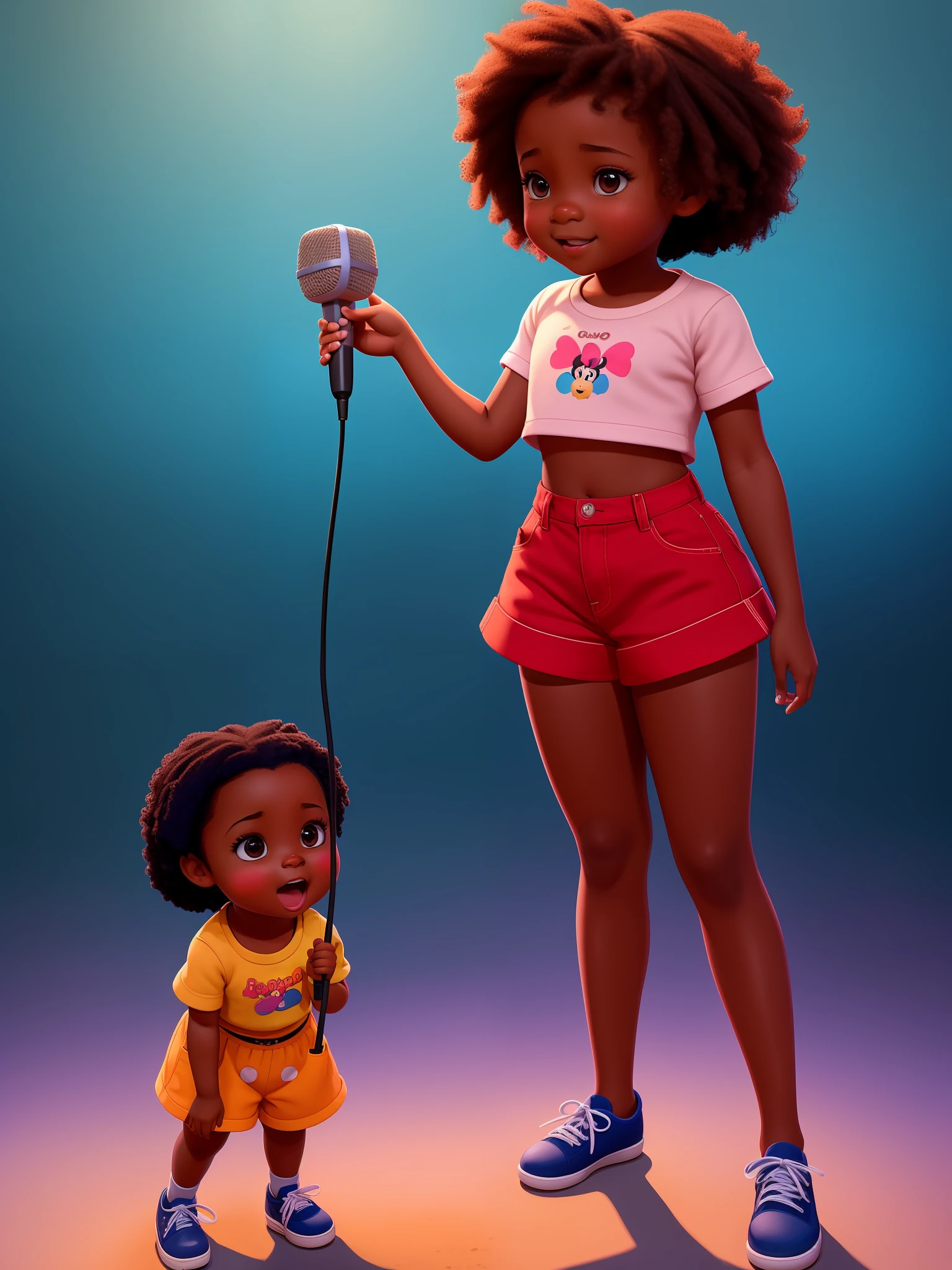 a with pulando standing in front of a microphone, disney animation, brown skin like soil, cold studio lighting, evokes feelings of joy, beautiful artist rendering, as a pixar character, kawai, vestindo calça jeans, inspired by Sheila McClean, artist unknown, cherubic, by Charles Fremont Conner