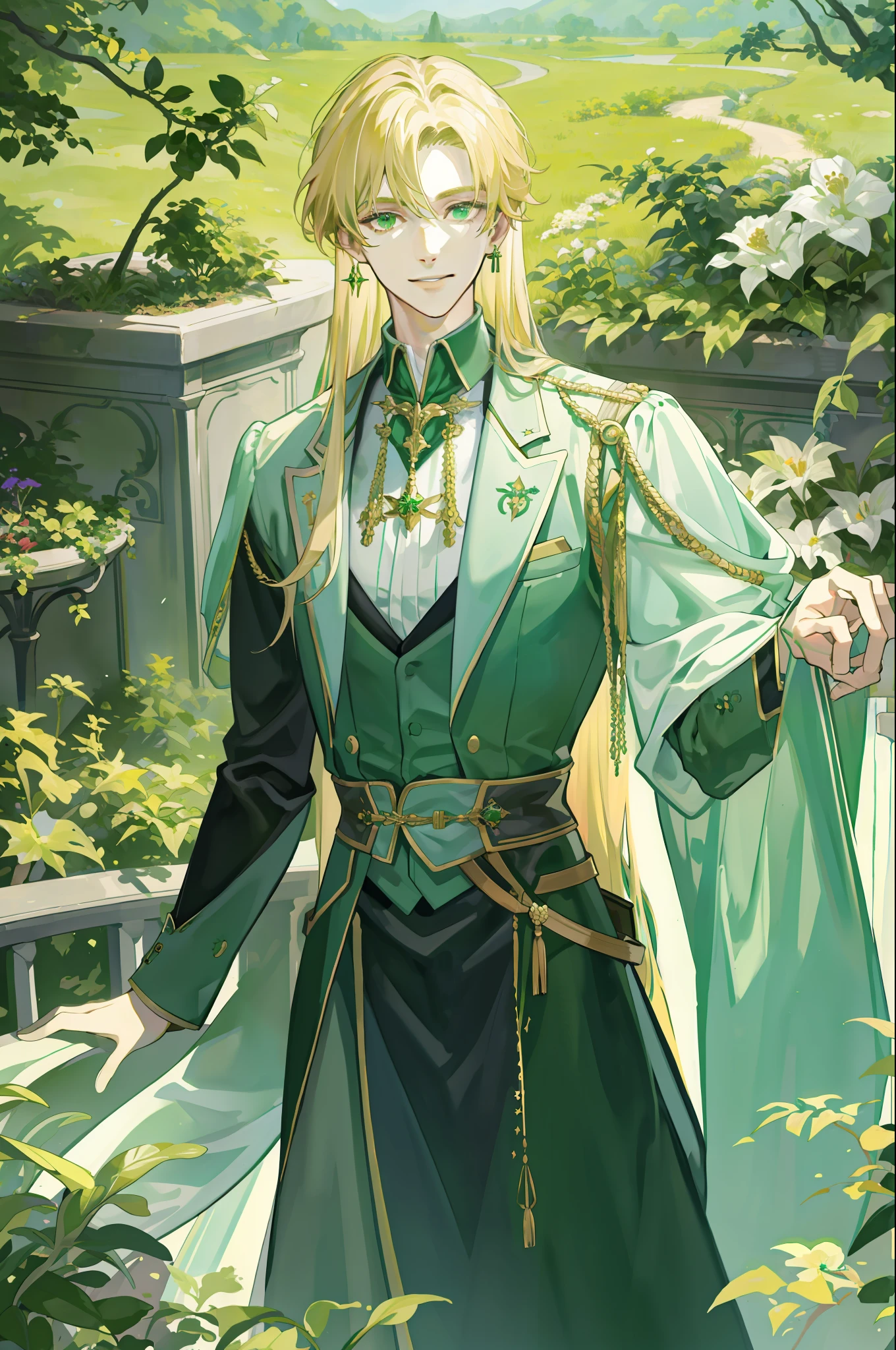 ((masterpiece:1.2, best quality)), 4k, adult, 1man, male, royal, nobleman, very tall, bangs, long straight blonde hair, green eyes, smile, face, portrait, suit, garden