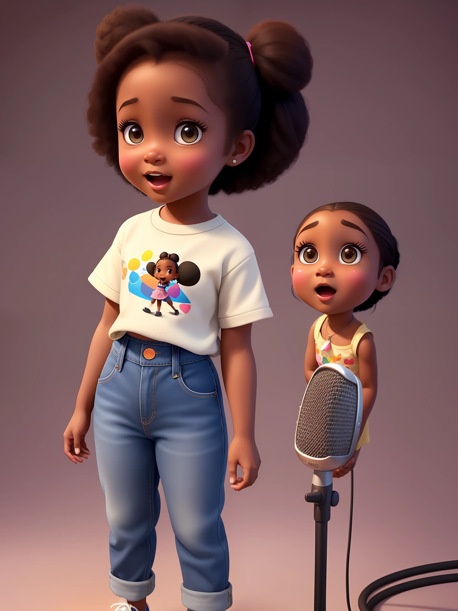 a with pulando standing in front of a microphone, disney animation, brown skin like soil, cold studio lighting, evokes feelings of joy, beautiful artist rendering, as a pixar character, kawai, vestindo calça jeans, inspired by Sheila McClean, artist unknown, cherubic, by Charles Fremont Conner