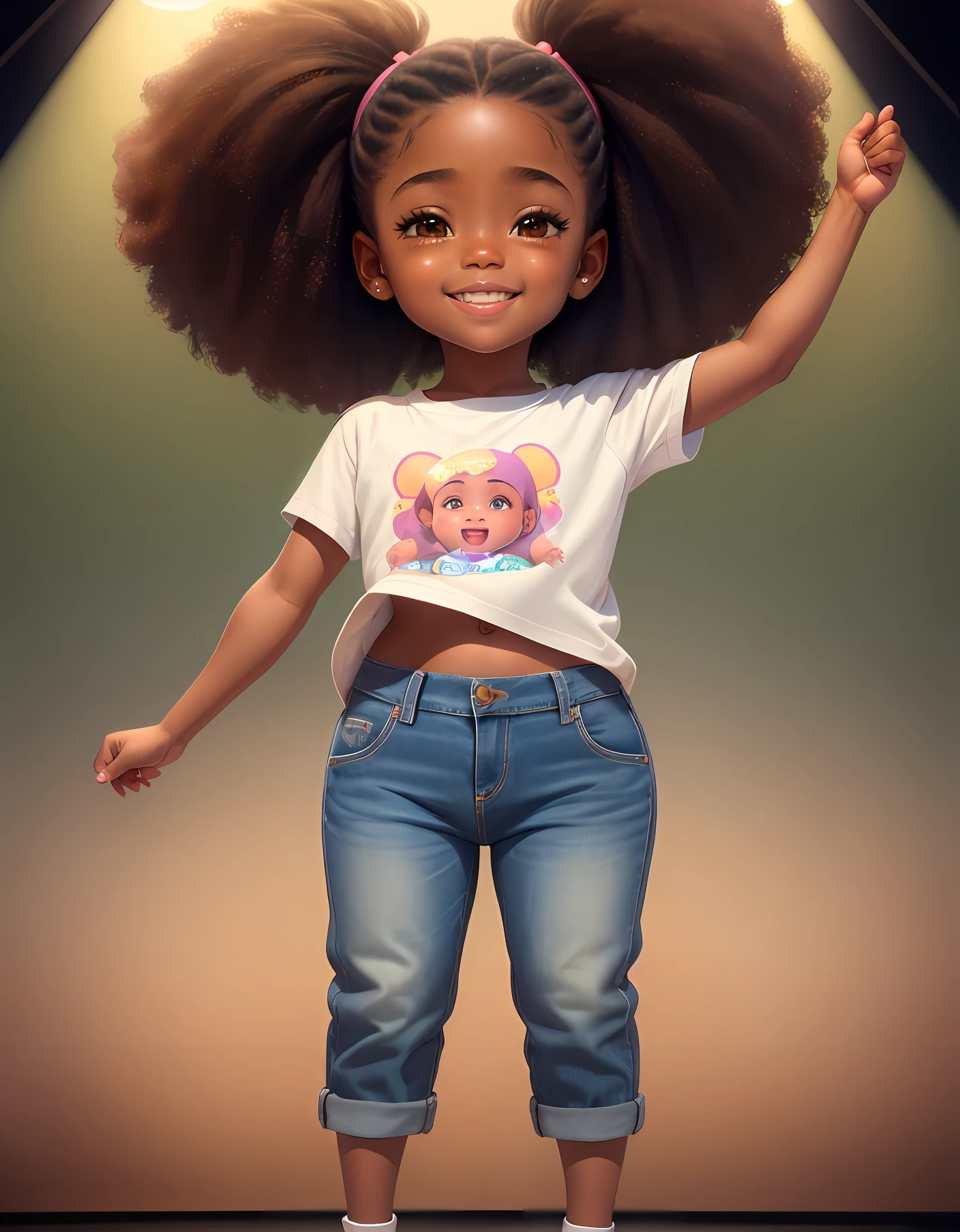 a  with pulando standing in front of a microphone, disney animation, brown skin like soil, cold studio lighting, evokes feelings of joy, beautiful artist rendering, as a pixar character, kawai, vestindo calça jeans, inspired by Sheila McClean, artist unknown, cherubic, by Charles Fremont Conner