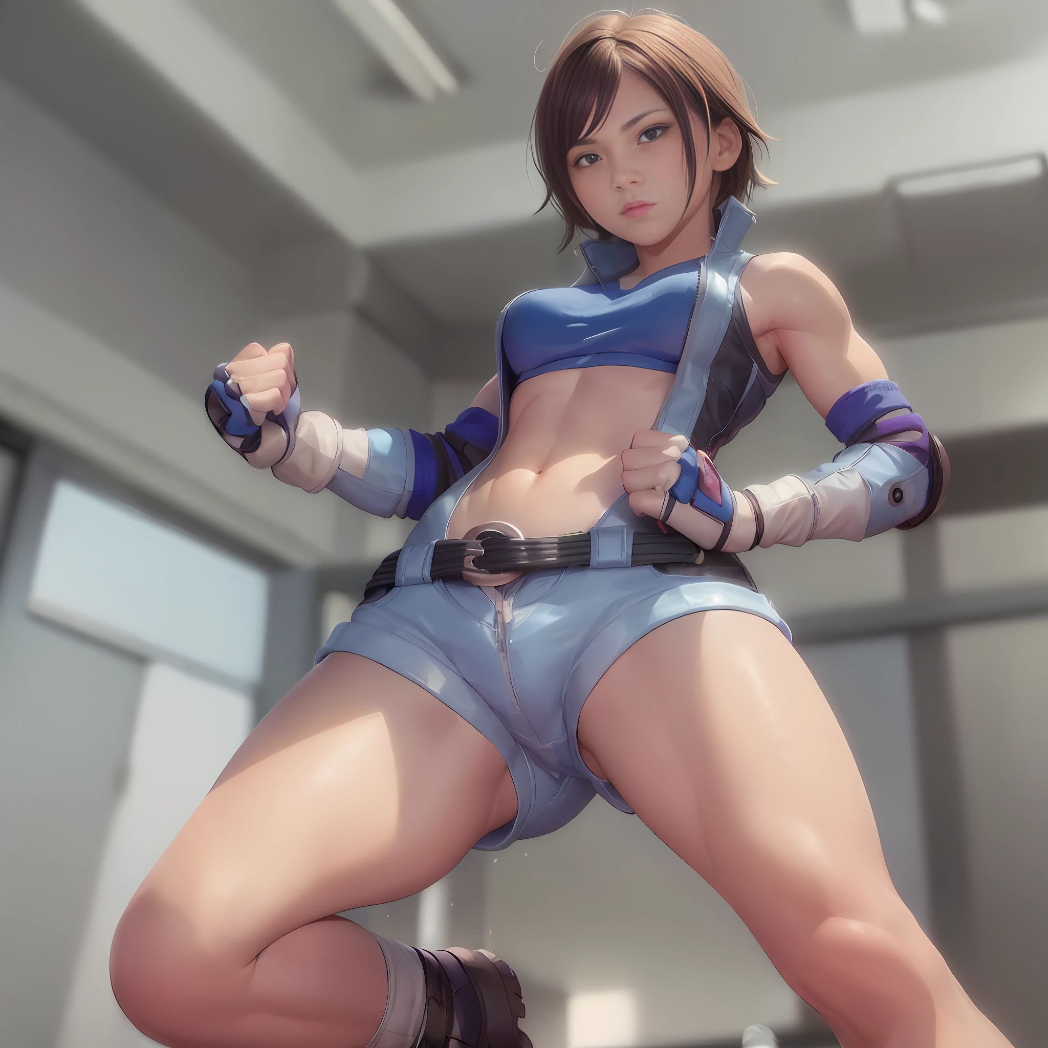 ((mid-breasted, tomboyish, head small)), daylight, sunlight, (chiseled abs: 1.1), (perfect body: 1.1), (short wavy hair: 1.2), reddish brown hair, collar, chain, full body shot, crowded street, black tank top, jeans jacket, (shorts)), (very detailed CG 8k wallpaper), (very delicate and beautiful), (masterpiece), (best quality : 1.0), (Ultra High Definition: 1.0), Beautiful Lighting, Perfect Lightning, Realistic Shadows, [High Definition], Detailed Skin, Super Detailed, ((Sexy Open Legs))