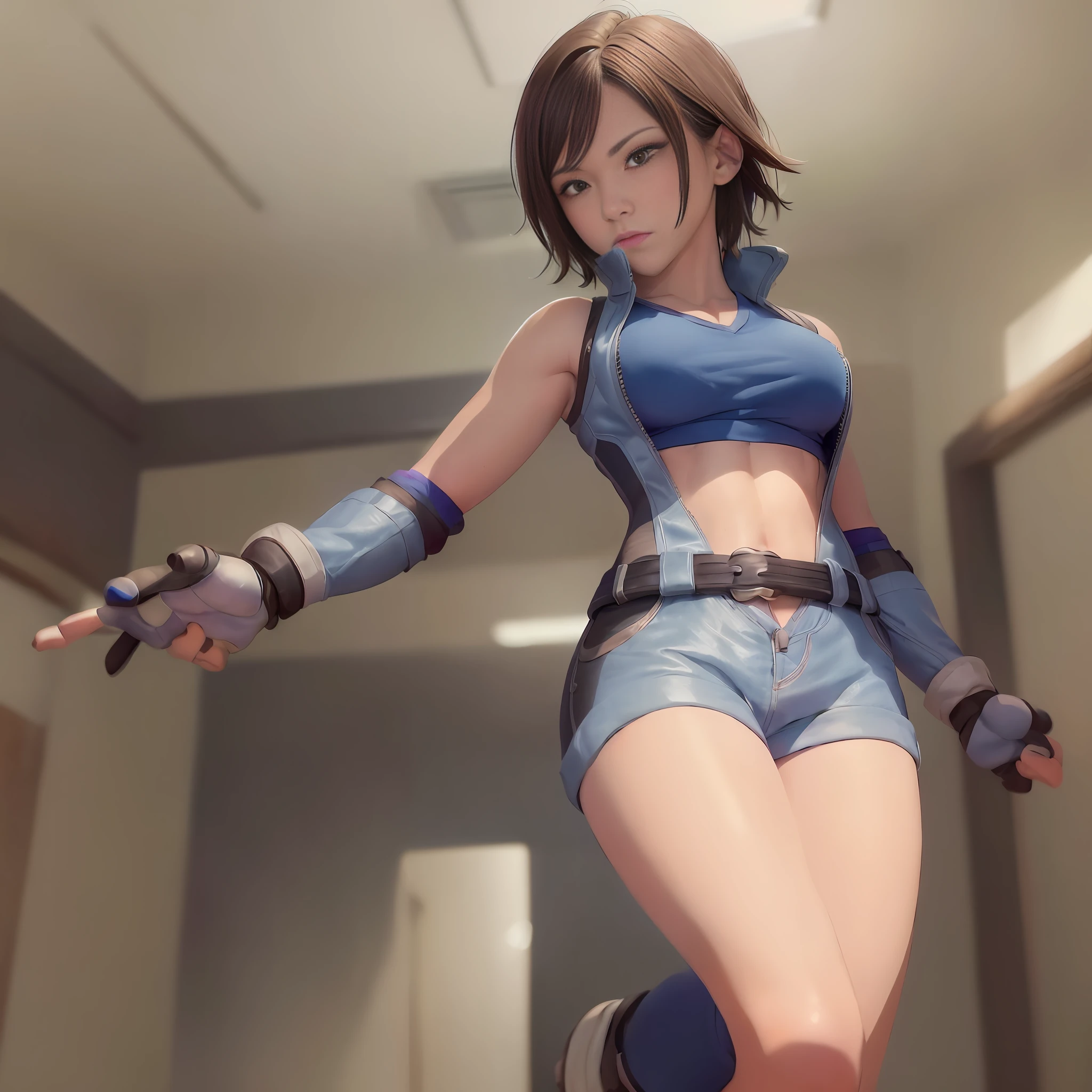 ((mid-breasted, tomboyish, head small)), daylight, sunlight, (chiseled abs: 1.1), (perfect body: 1.1), (short wavy hair: 1.2), reddish brown hair, collar, chain, full body shot, crowded street, black tank top, jeans jacket, (shorts)), (very detailed CG 8k wallpaper), (very delicate and beautiful), (masterpiece), (best quality : 1.0), (Ultra High Definition: 1.0), Beautiful Lighting, Perfect Lightning, Realistic Shadows, [High Definition], Detailed Skin, Super Detailed, ((Sexy Open Legs))