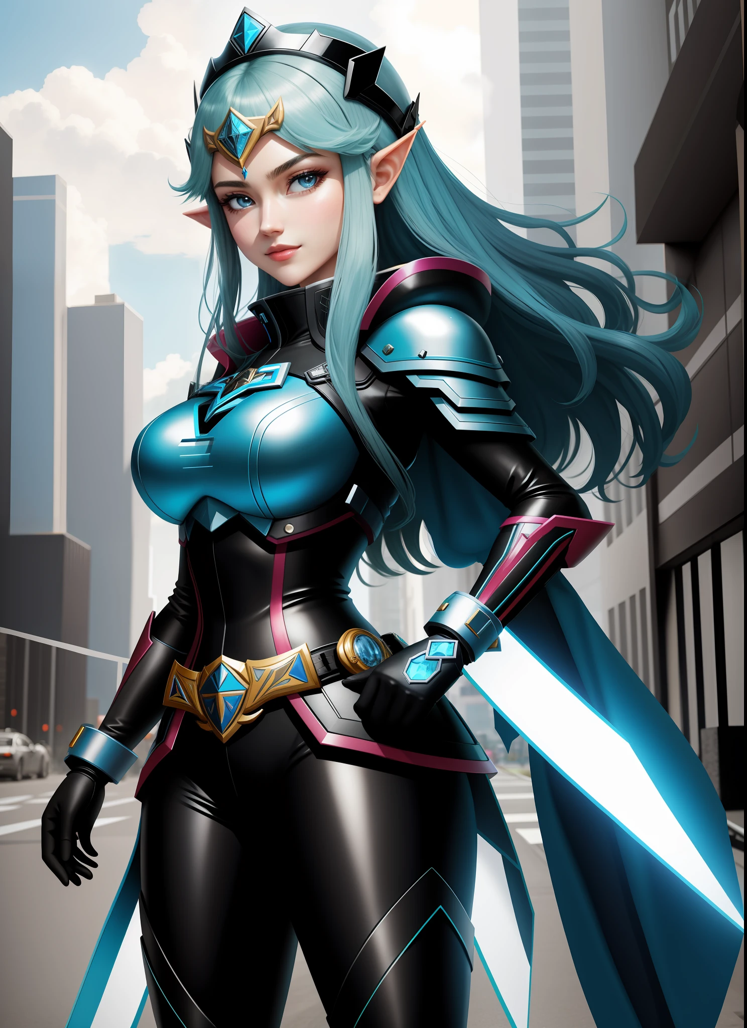 Generate a full-body image of Princess Zelda standing. She is wearing a black and blue Kamen Rider/Futuristic style suit. The suit is extremely tight on the body and highlights her gigantic breasts. She is staring fixedly at the viewer, facing forward. She has a belt with a dark red circular glass stone. Her hair is black and her eyes are blue. She is wearing a helmet on her head. Her hands are closed with fists up. She is in a futuristic city with several destroyed buildings in the background. She is in a battle stance, seductive smile, Kamen Rider Style, Tokusatsu Style, anime, anime style, 16k, UHD, high details, high quality, award winning, highres, masterpiece, ccurate