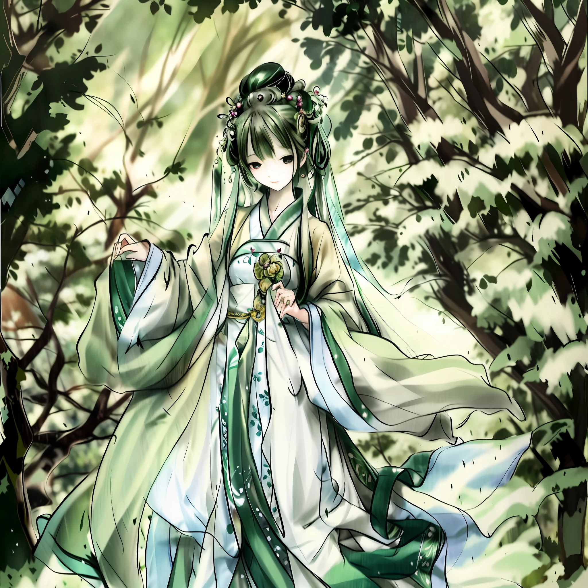 Draw a woman in a green bare belly pocket in the forest, goddess of spring, beautiful anime artwork, goddess of nature, anime goddess, beautiful anime art, she is the center of the garden, ethereal anime, anime style mixed with Fujifilm, anime art, advanced digital anime art ", clothes of leaves, forest goddess Yuumei