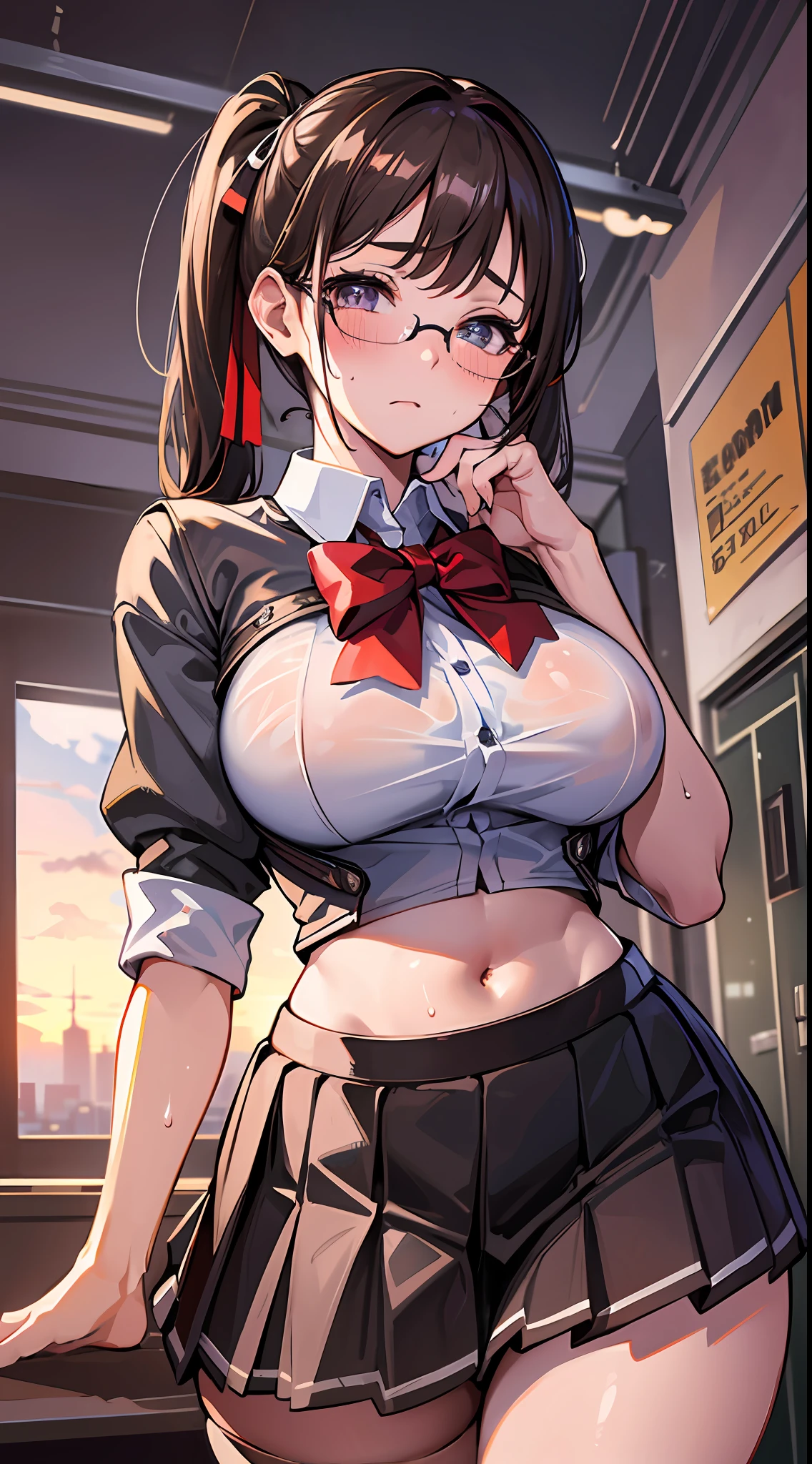 realistic, photorealistic, colorful, great lighting, ultra-detailed, dynamic angle, masterpiece, solo, perfect face, (bright lighting:1.2),beautiful detailed eyes, extremely detailed face, perfect lighting,masterpiece, best quality, {hair (darkbrown), (long hair), (2 ponytails)},
look up from below, Backward, on all fours, classroom, sunset,
darkbrown high school girl uniform, pleated skirt, stockings, glasses, ribbon, sweaty, wet body, navel out, thighs out, buttocks, large breast, slim, slender, translucent, Embarrassed expression, blush