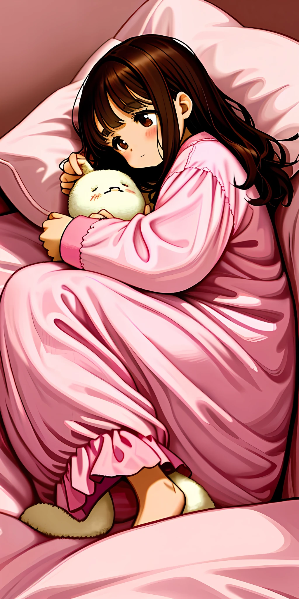 (best quality) A beautiful girl in pink pajamas, (sleepy+adorable), big, brown eyes, dark brown hair, soft and warm lighting, cozy and well-decorated bedroom background, pink and white quilt with flowers, cushions and fluffy plushies, snuggled up on the blanket and ready to sleep.