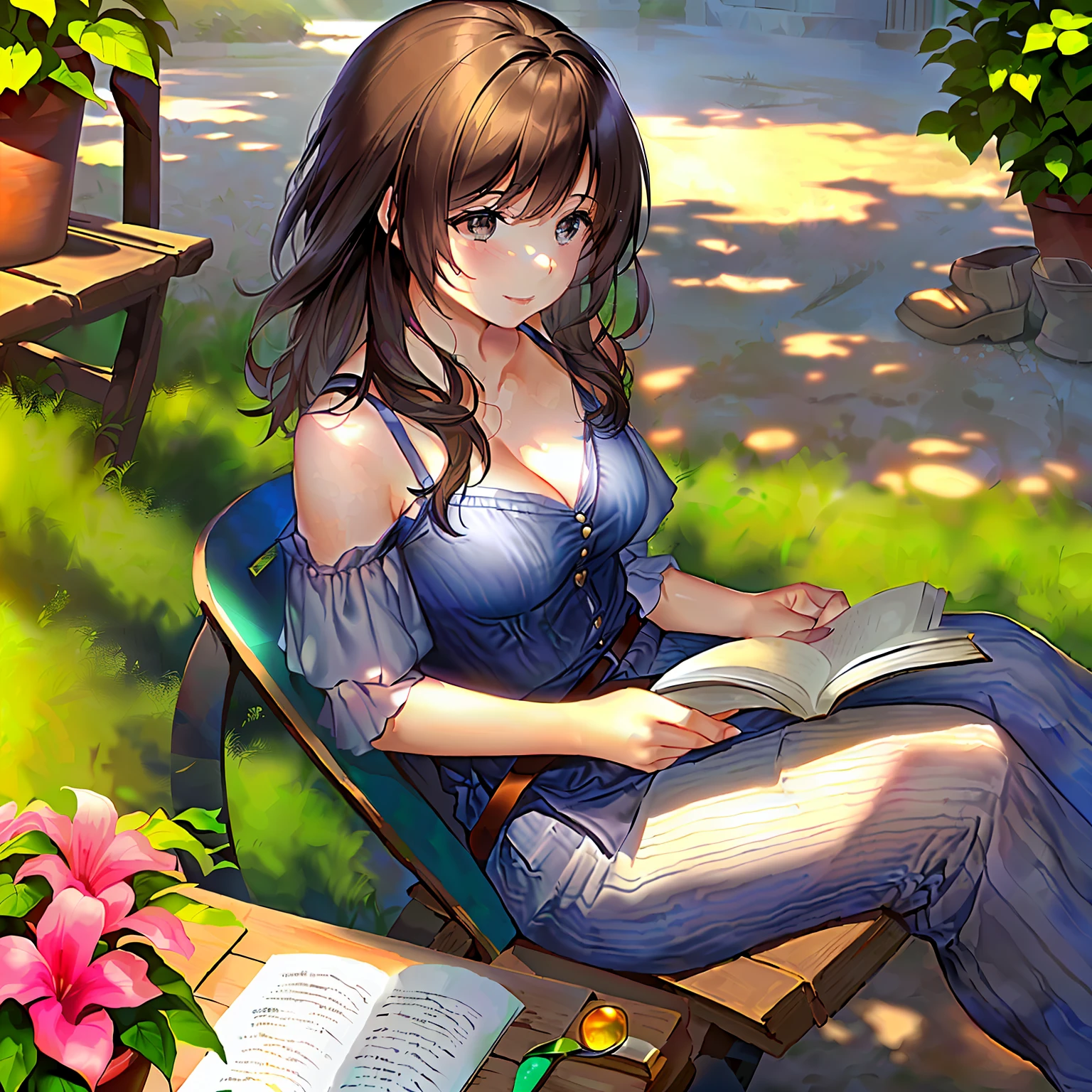 Create a drawing of a woman reading a book in a sunshine