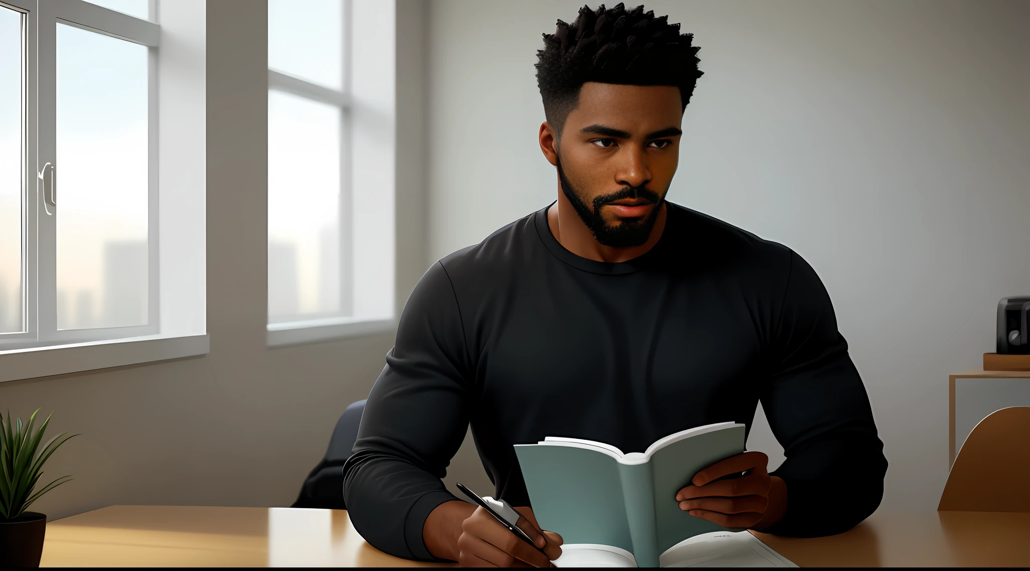 The strong young black man is sitting at his desk, his short black hair and a short beard low giving a touch of masculinity to his appearance. He's holding a cup of coffee while reading stories on his computer.

His expression is serious, suggesting that he is focused on his reading, perhaps researching something important for work or studying for an exam. His shirt is simple and discreet, giving a sense of comfort and informality.

The environment in which it is located is clean and organized, with a minimalist decoration that emphasizes functionality and simplicity. The glass windows behind it let daylight in, creating a calm and tranquil atmosphere in the room.

It is evident that the black man values his time alone, using it to focus on his own interests and projects. The cup of coffee in his hand suggests that he also values moments of tranquility and comfort. His strong and concentrated appearance suggests that he is a determined man and focused on his goals.