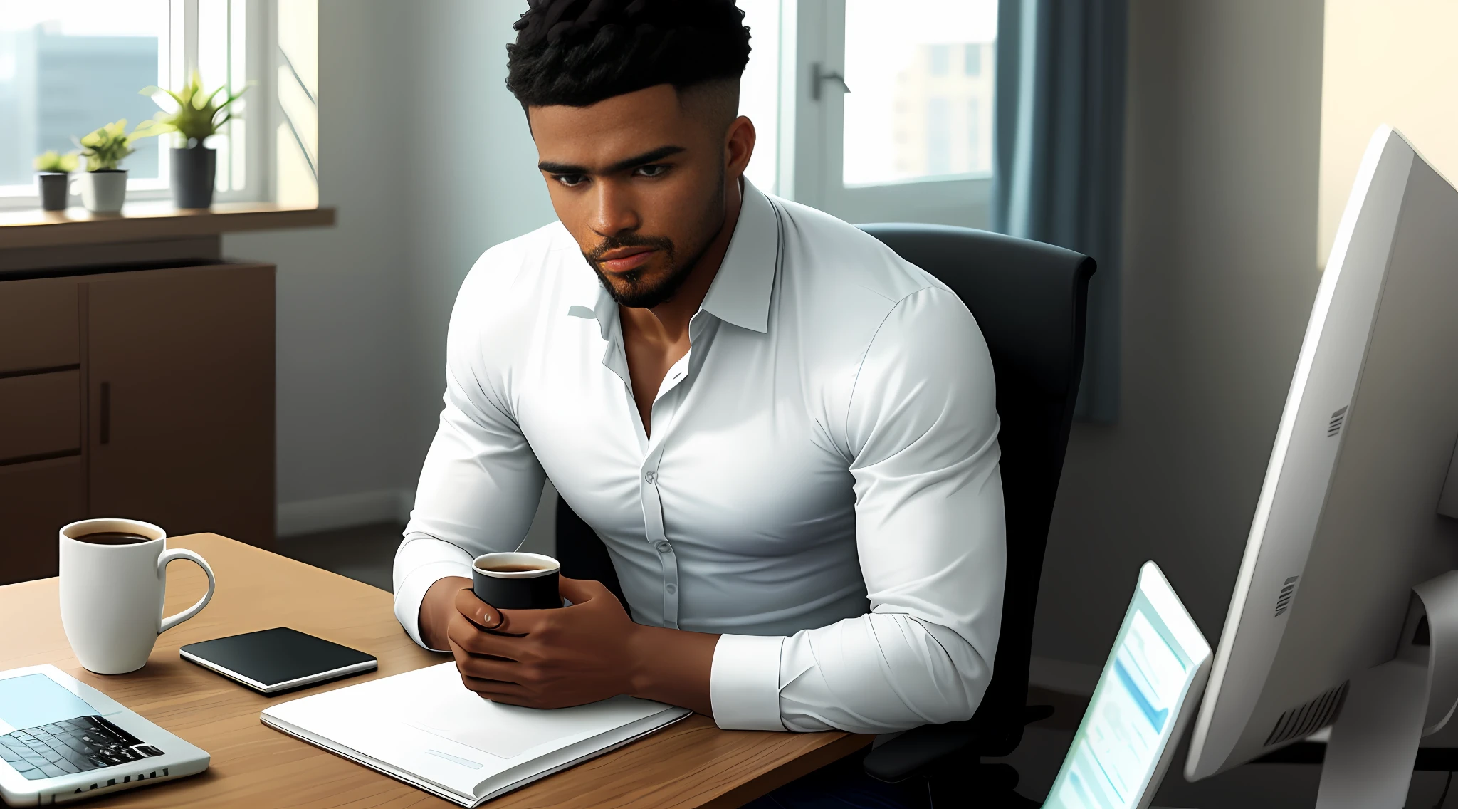 The strong young black man is sitting at his desk, his short black hair and a short beard low giving a touch of masculinity to his appearance. He's holding a cup of coffee while reading stories on his computer. His expression is serious, suggesting that he is focused on his reading, perhaps researching something important for work or studying for an exam. His shirt is simple and discreet, giving a sense of comfort and informality. The environment in which it is located is clean and organized, with a minimalist decoration that emphasizes functionality and simplicity. The glass windows behind it let daylight in, creating a calm and tranquil atmosphere in the room. It is evident that the black man values his time alone, using it to focus on his own interests and project