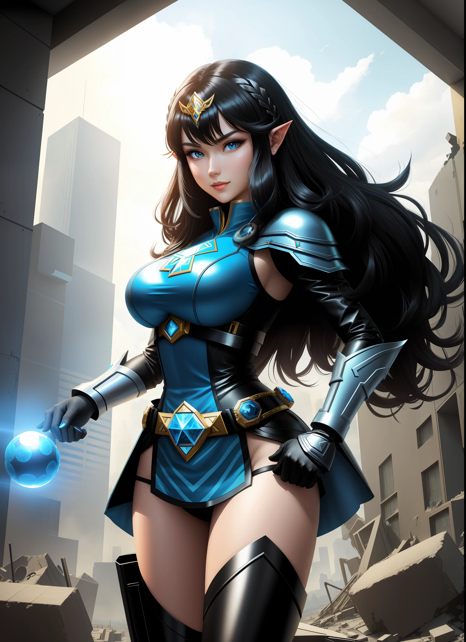 Full body, standing image of 1 Princess Zelda in black and blue costume as Kamen Rider/Futurist, giant breasts, costume extremely tight on body, staring at the viewer, facing forward, belt with a circular glass stone in dark red color, (she has long black hair and blue eyes), Helmet on head, hands closed, fists up, she is in futuristic city with several destroyed buildings in battle position, seductive smile, Kamen Rider Style, Tokusatsu Style, anime, anime style, 16k, UHD, high details, high quality, award winning, highres, masterpiece, ccurate
