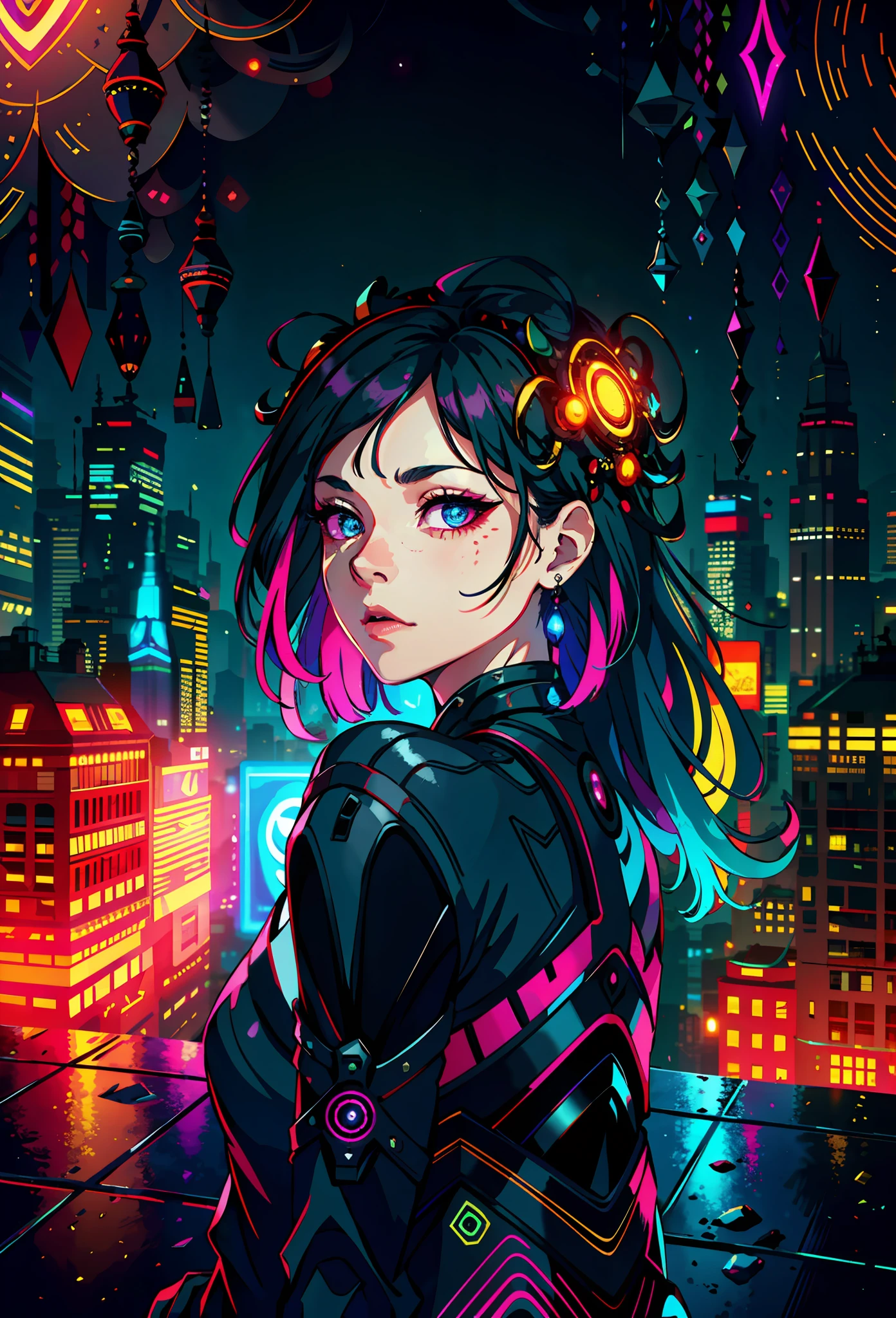 portrait | wide angle shot of eyes off to one side of frame, lucid dream-like woman, looking off in distance ::8 style | daydreampunk with glowing skin and eyes, styled in headdress, beautiful, she is dripping in neon lights, very colorful red, black, purple, bioluminescent, glowing ::8 background | forest, vivid neon wonderland, particles, red, black, purple ::7 parameters | rule of thirds, golden ratio, assymetric composition, hyper- maximalist, octane render, photorealism, cinematic realism, unreal engine, 8k