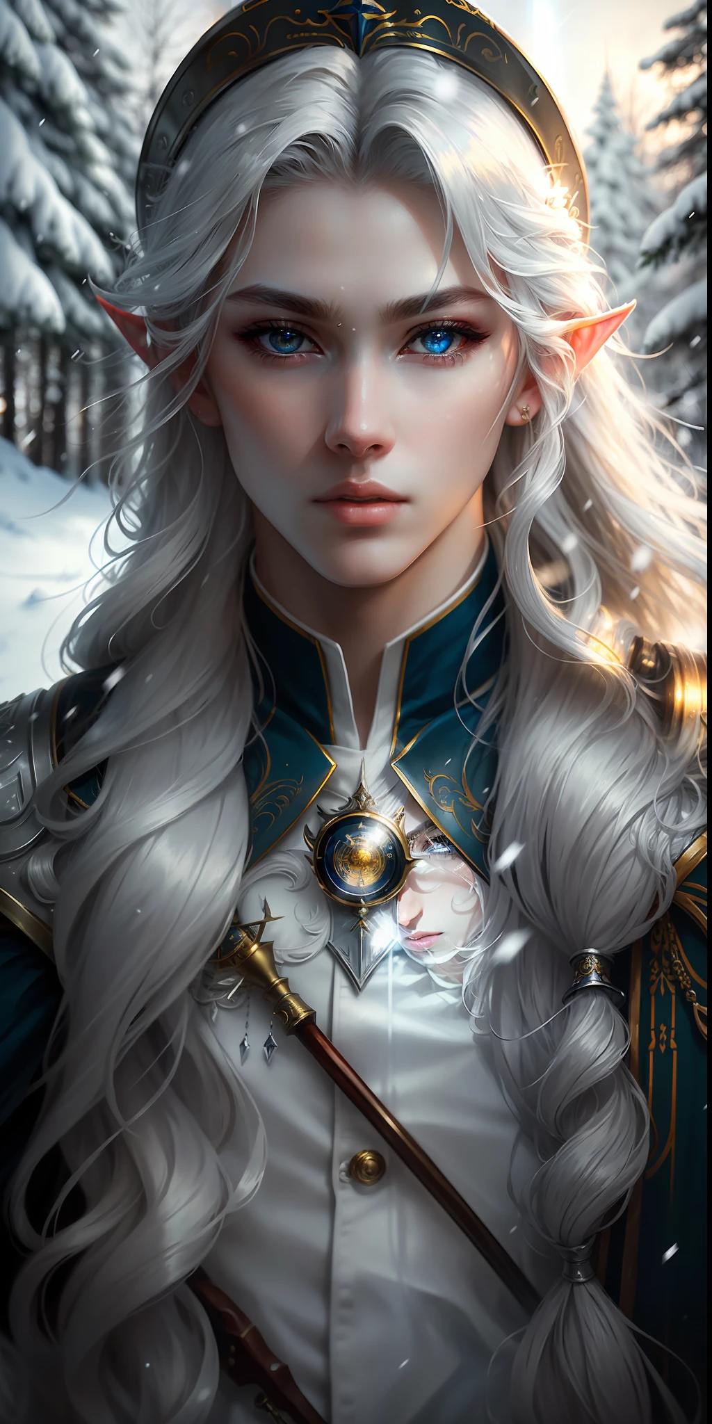 stunning masterpiece, highest quality, (solo focus), (perfect beautiful face:1.1), (ultra high-detail:1.1), dramatic, a nightelf with beautiful pale skin and long silver hair, citrate eyes, solo, long hair, wearing a nuance post - apocalyptic uniform, monocle, pouty full lips, stern gaze, snow bokeh, light bloom, (arms behind back:1.2), cinematic lighting.