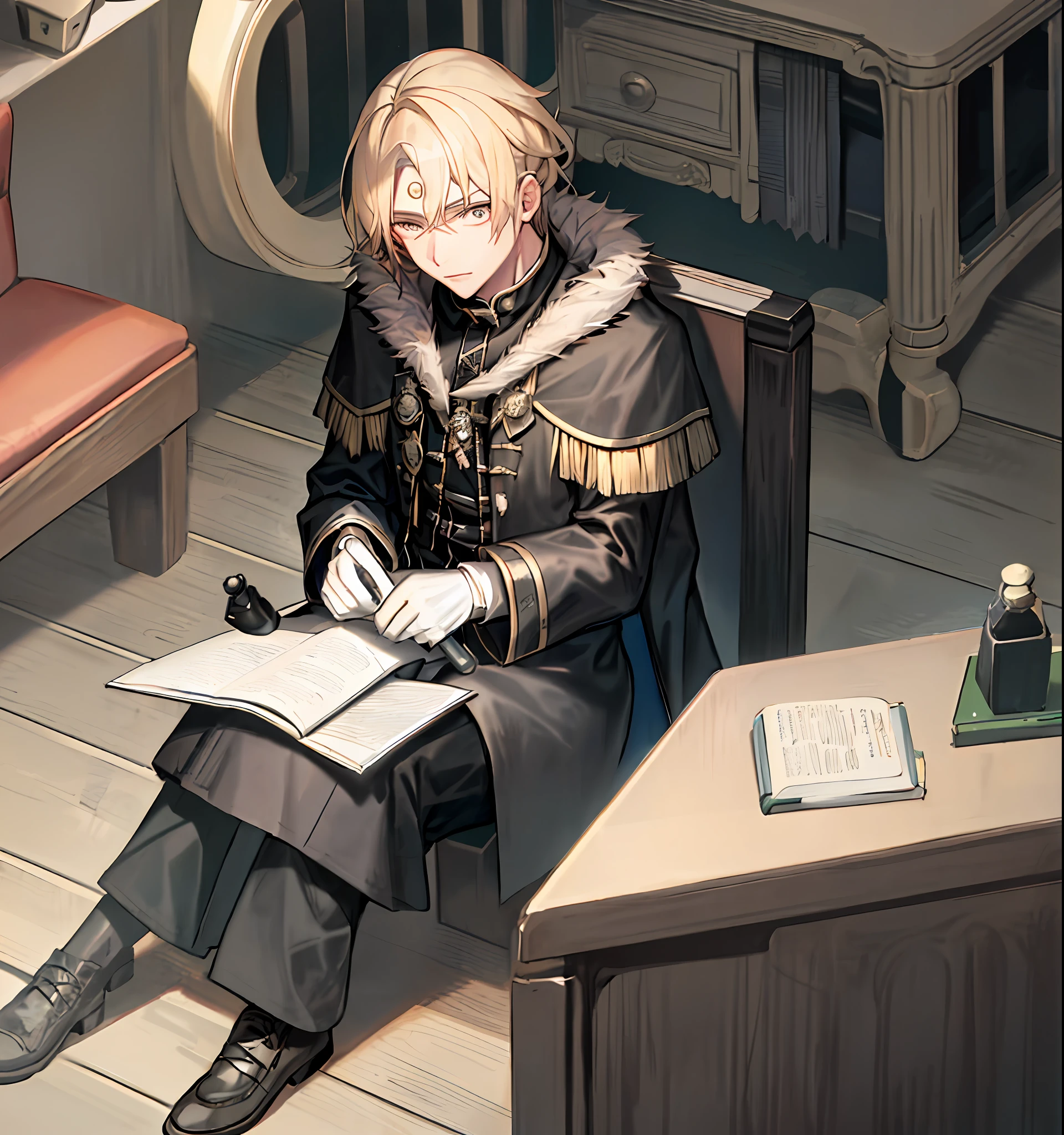 A wizard, blonde hair, sitting under three with black coat, portrait, wearing black trousers, only 1 man